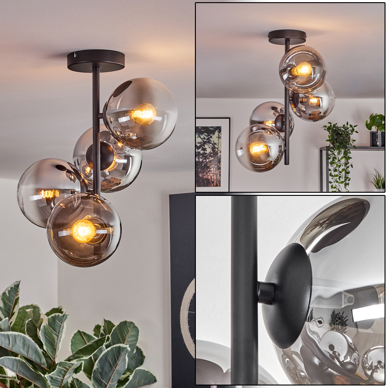 Eine moderne Deckenleuchte mit fünf kugelförmigen Glasschirmen, jede mit einer Glühbirne. Sie wird von einer schwarzen Metallbefestigung gehalten.