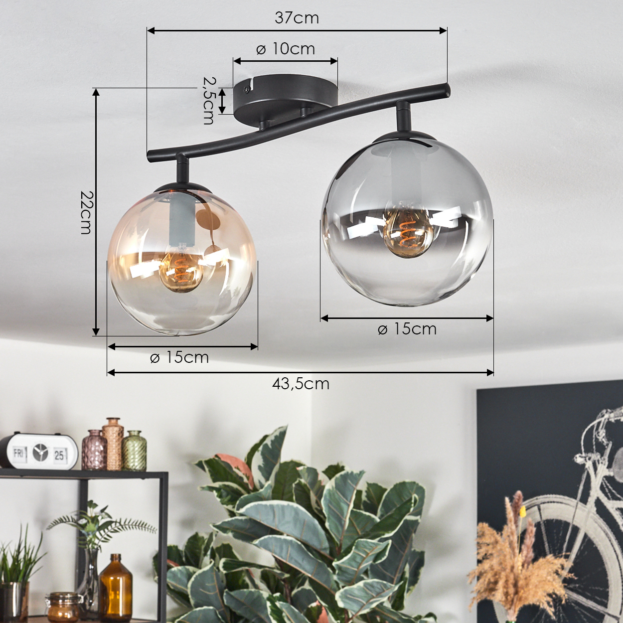 Moderne Deckenlampe mit zwei Glaskugeln, Maße beschriftet. Im Hintergrund ein Regal mit Pflanzen und ein Fahrradgemälde.