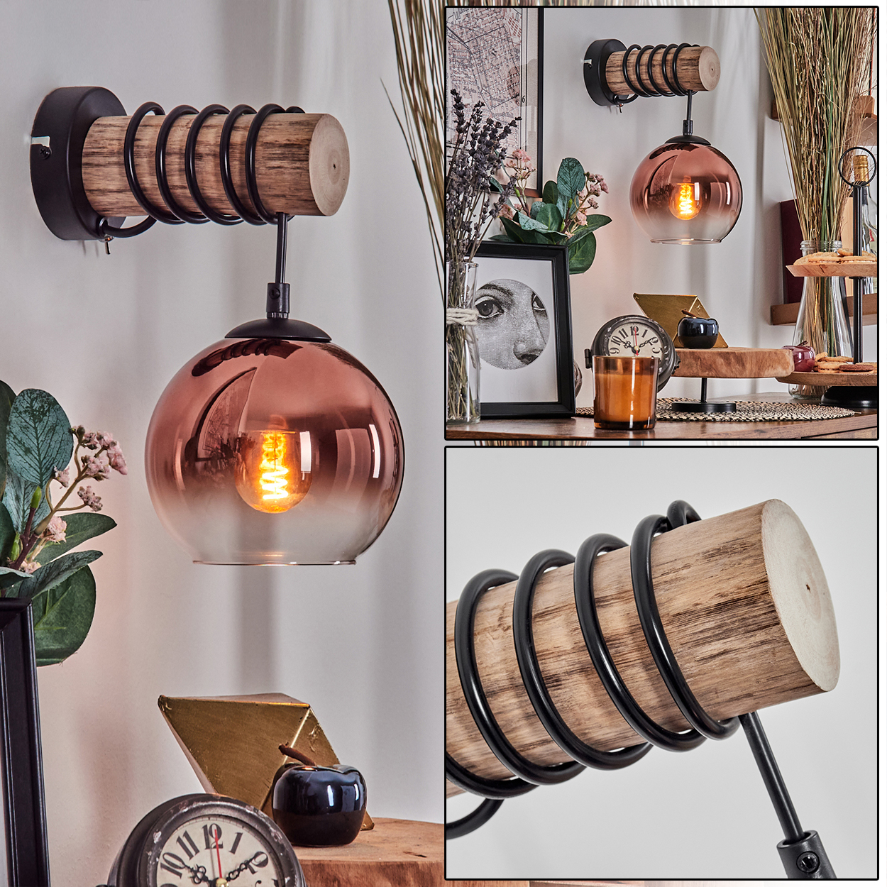 Eine dekorative Wandlampe mit kupferfarbenem Glasschirm und Holzsockel. Der Hintergrund beinhaltet Dekoration und eine Uhr.