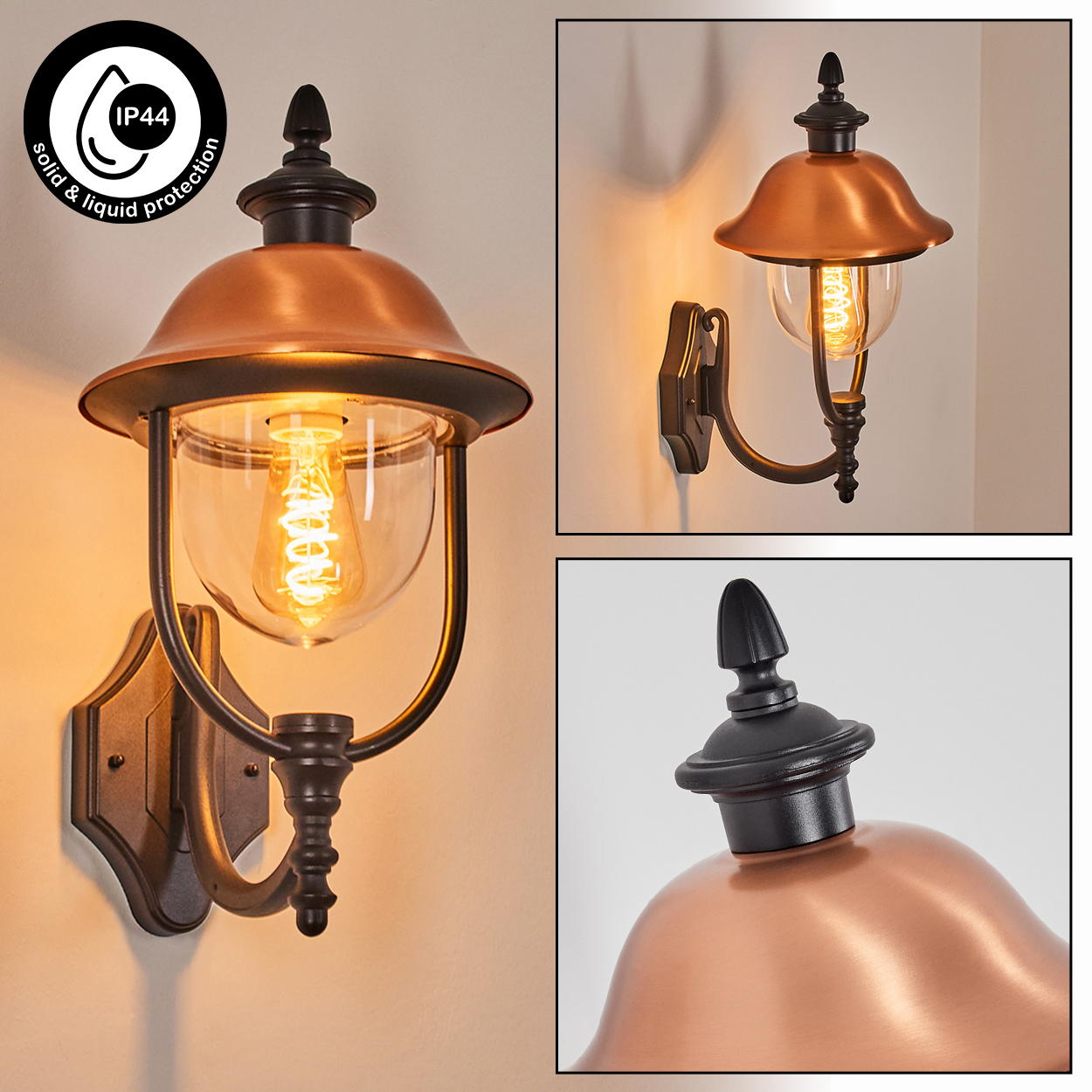 Drei Bilder einer Kupfer- und schwarzen Wandleuchte. Die Lampe hat einen Glaskolben, eine warme Glühbirne und ist an einer Wand montiert.