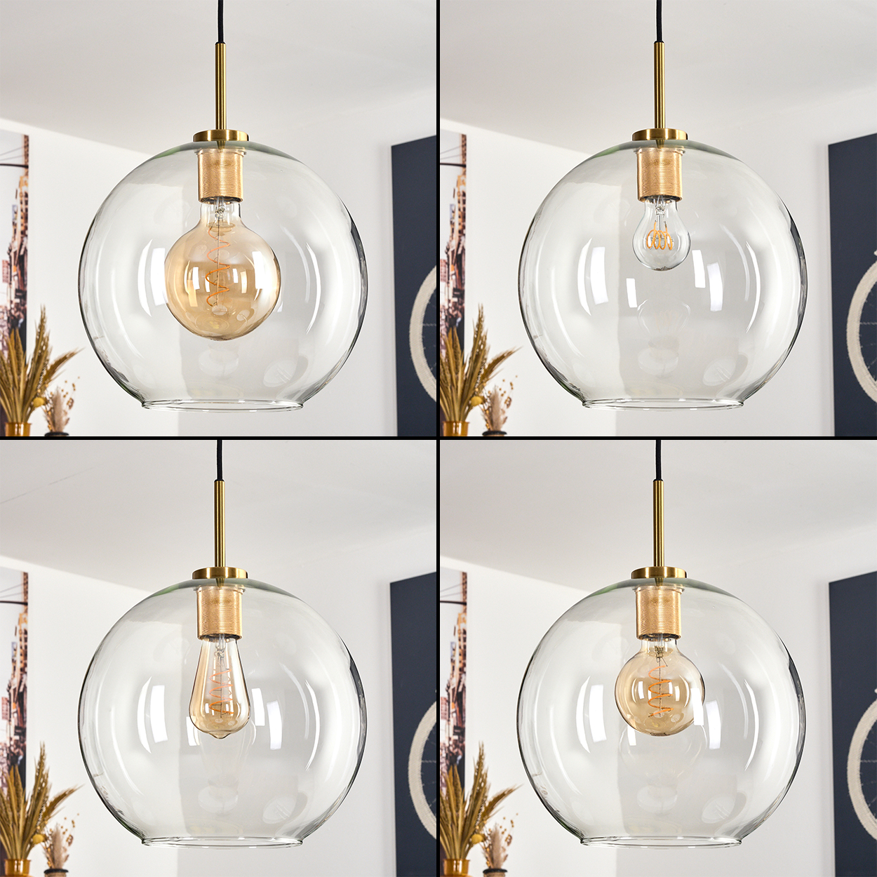 Vier Bilder einer klaren Glaskugel-Pendelleuchte mit einer goldenen Halterung. Jede Lampe hat eine andere Glühbirne.