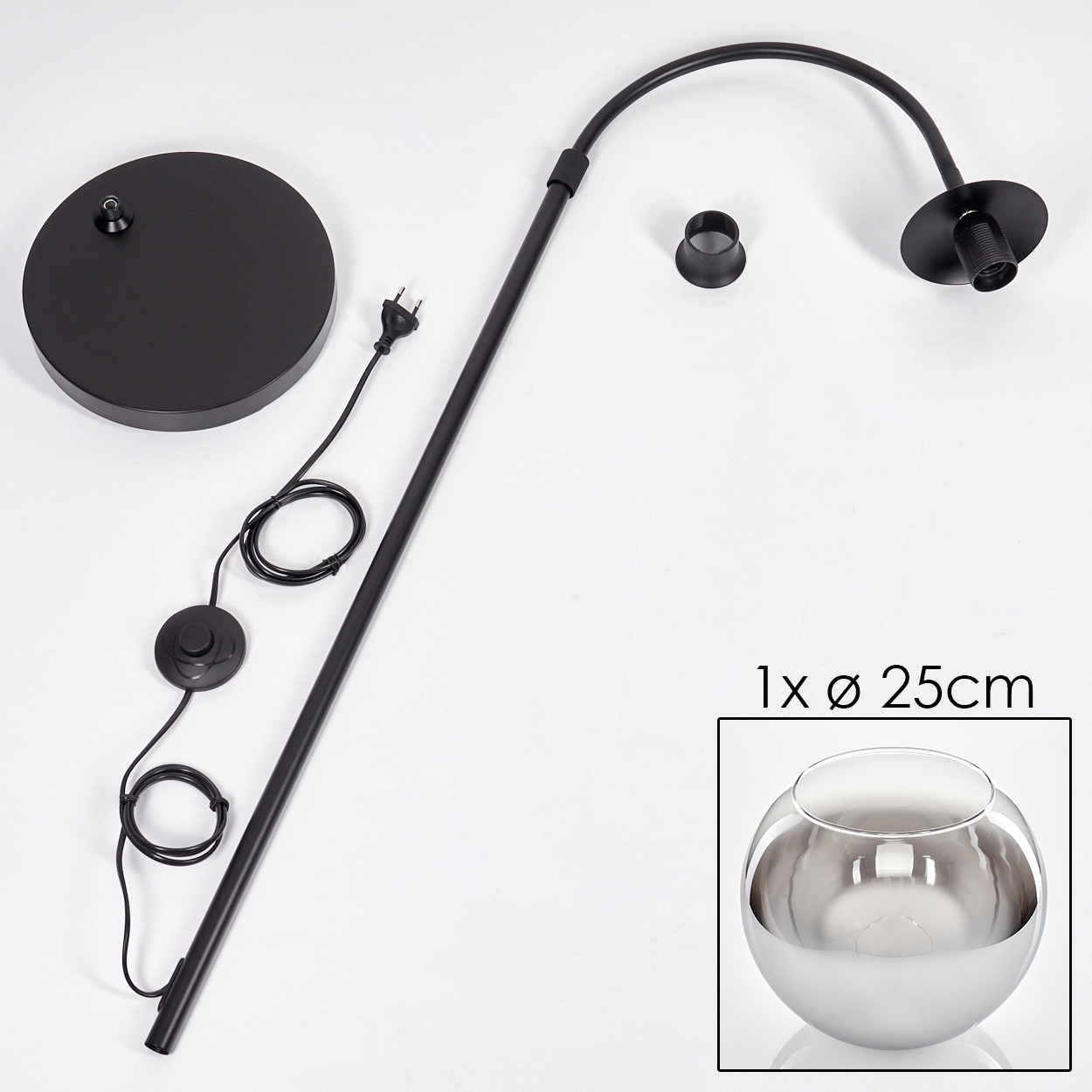 Schwarze Lampenteile auf Weiß ausgelegt. Enthält Sockel, Arm, Glühbirnenhalter und Glasschale. Stecker und Schalter sind vorhanden.