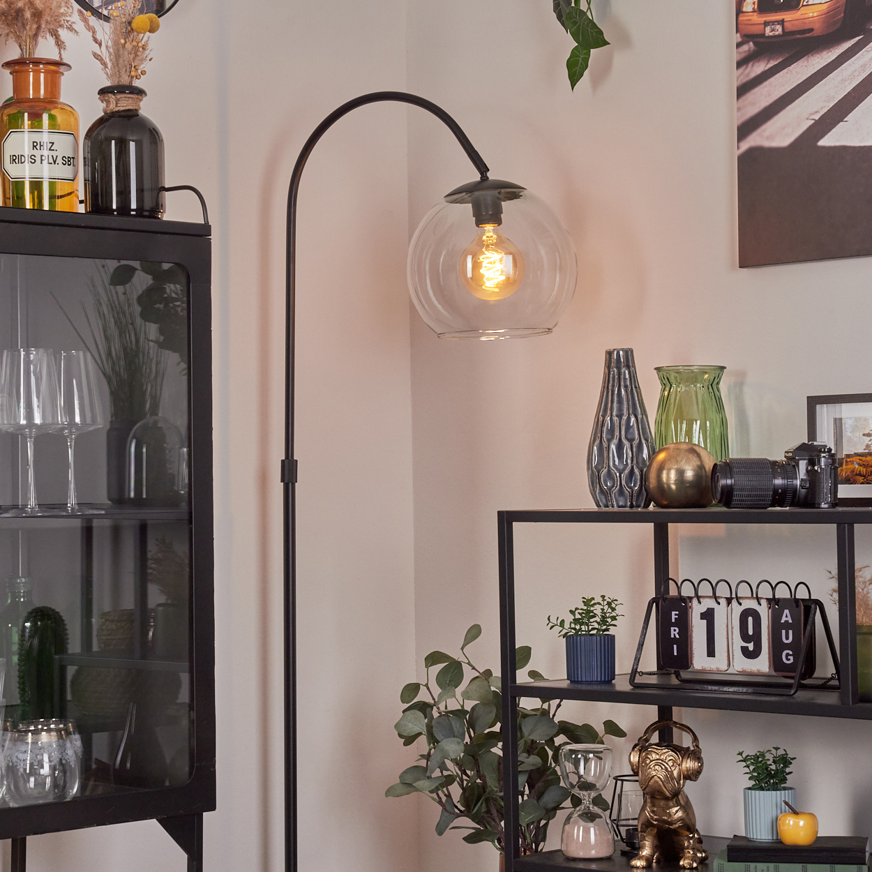 Raumecke mit Stehlampe und Regalen. Regale mit Vasen, Pflanzen, einer Kamera und einem Kalender. Ein Glasschrank und ein Bild sind ebenfalls sichtbar.