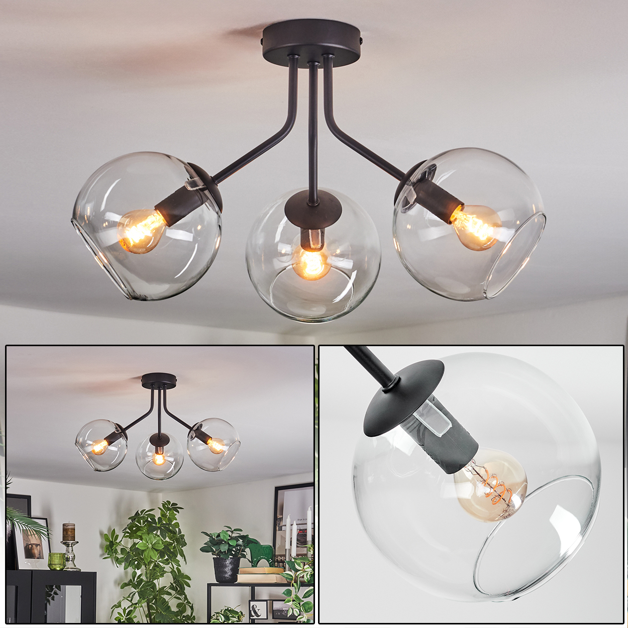 Eine moderne Deckenlampe mit drei klaren Glaskugeln, in denen sich jeweils eine warme Glühbirne befindet. Die Leuchte ist schwarz und an einer weißen Decke montiert.