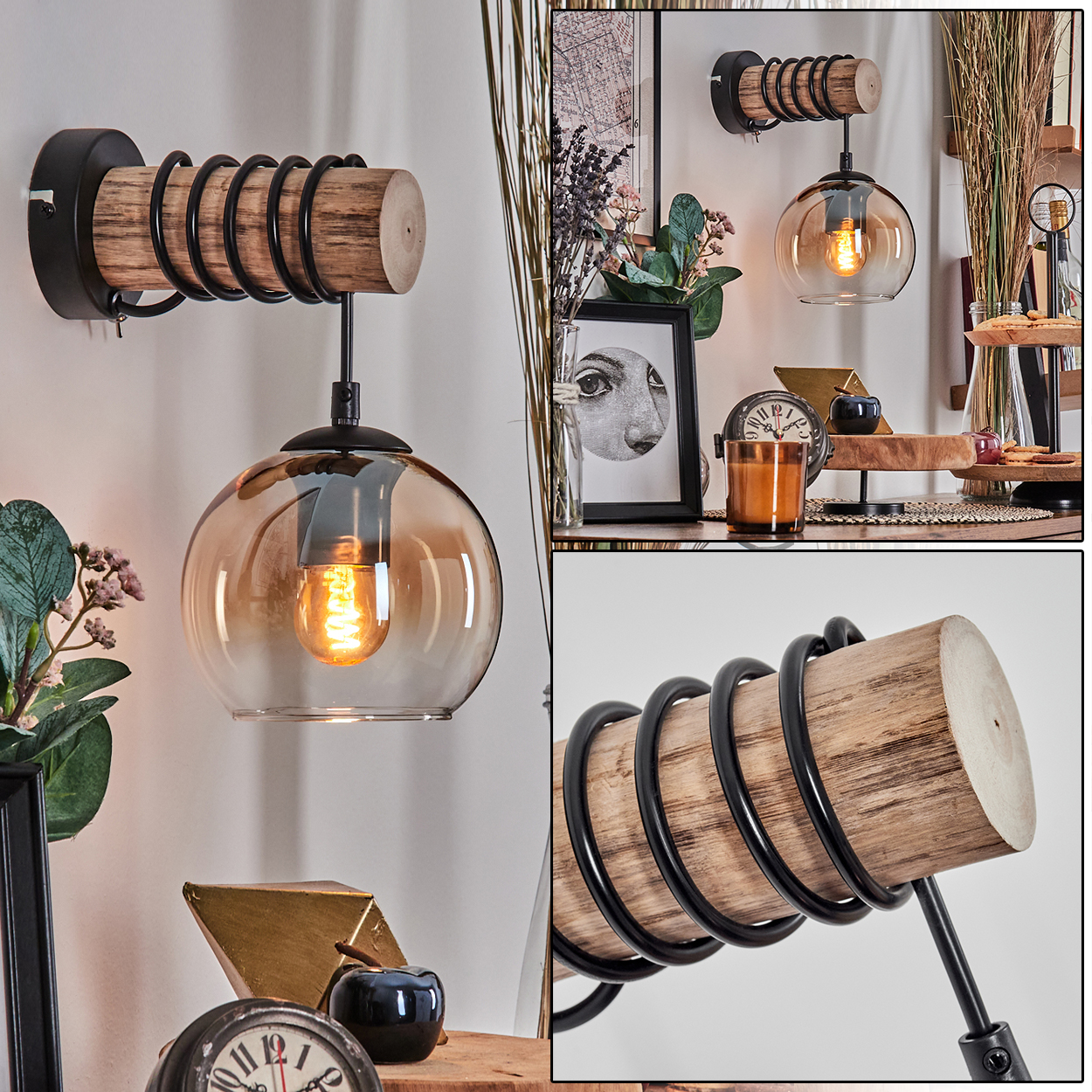 Eine rustikale Wandlampe mit Holzbalken und Glasschirm. Eine warme Glühbirne ist darin. Es gibt dekorative Objekte darum herum.