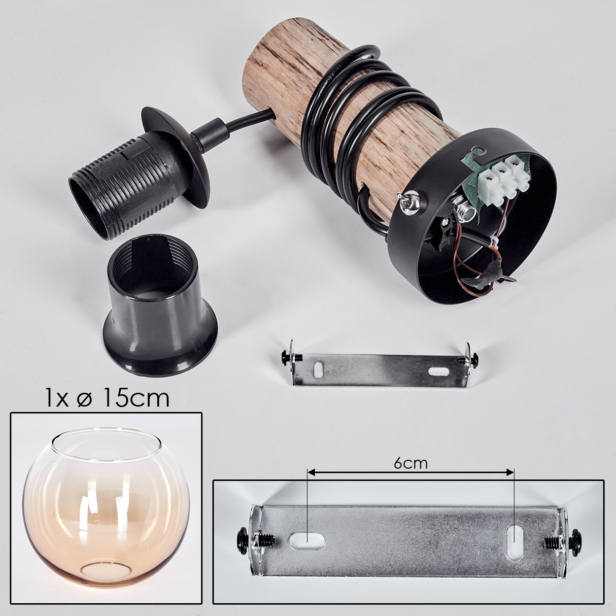 Zerlegte Lampenteile: Holzzylinder, schwarze Drähte, Lampenfassung, Glaskugel und Metallhalterungen. Abmessungen sind enthalten.