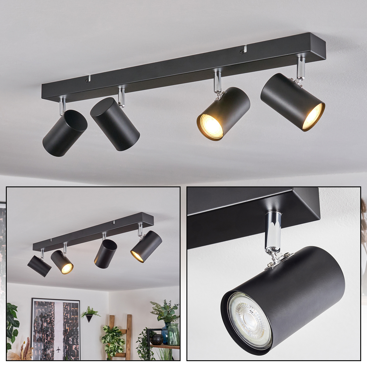 Schwarzer Deckenstrahler mit vier verstellbaren Lichtern. Die Lichter zeigen in verschiedene Richtungen und beleuchten die Decke.