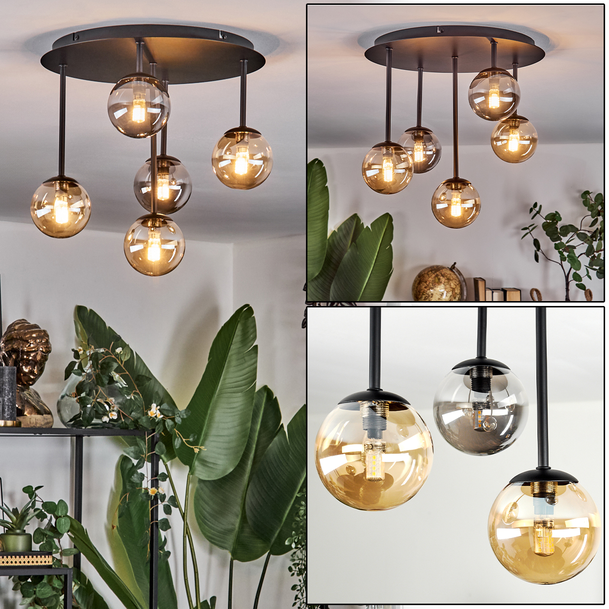 Eine moderne Deckenleuchte mit mehreren Glaskugelschirmen. Der Raum verfügt über Pflanzen und Dekoration auf Regalen, mit einer weißen Wand im Hintergrund.
