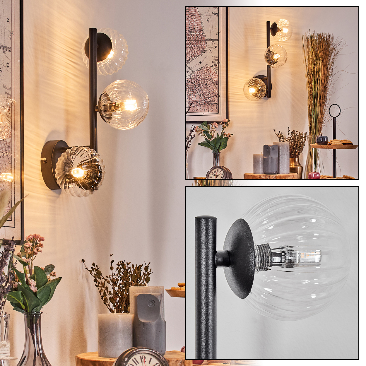 Eine moderne Wandlampe mit drei Glaskugelschirmen. Die Szene umfasst Dekorationen wie Blumen, Kerzen und eine Karte.