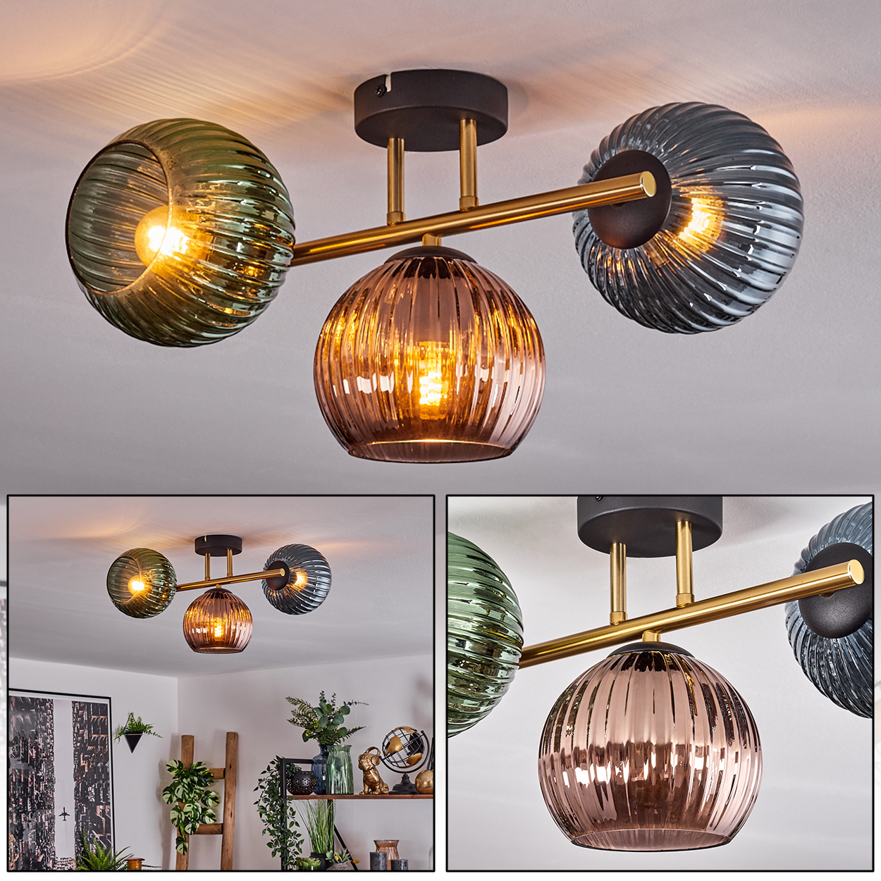 Eine moderne Deckenleuchte mit drei Glaskugeln in Grün, Braun und Grau. Die Kugeln haben ein geripptes Muster und strahlen warmes Licht aus.