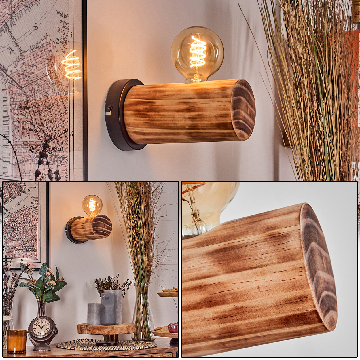 Eine Holzlampe mit Glühbirne an der Wand. Im Hintergrund eine Karte und Dekorationsartikel.