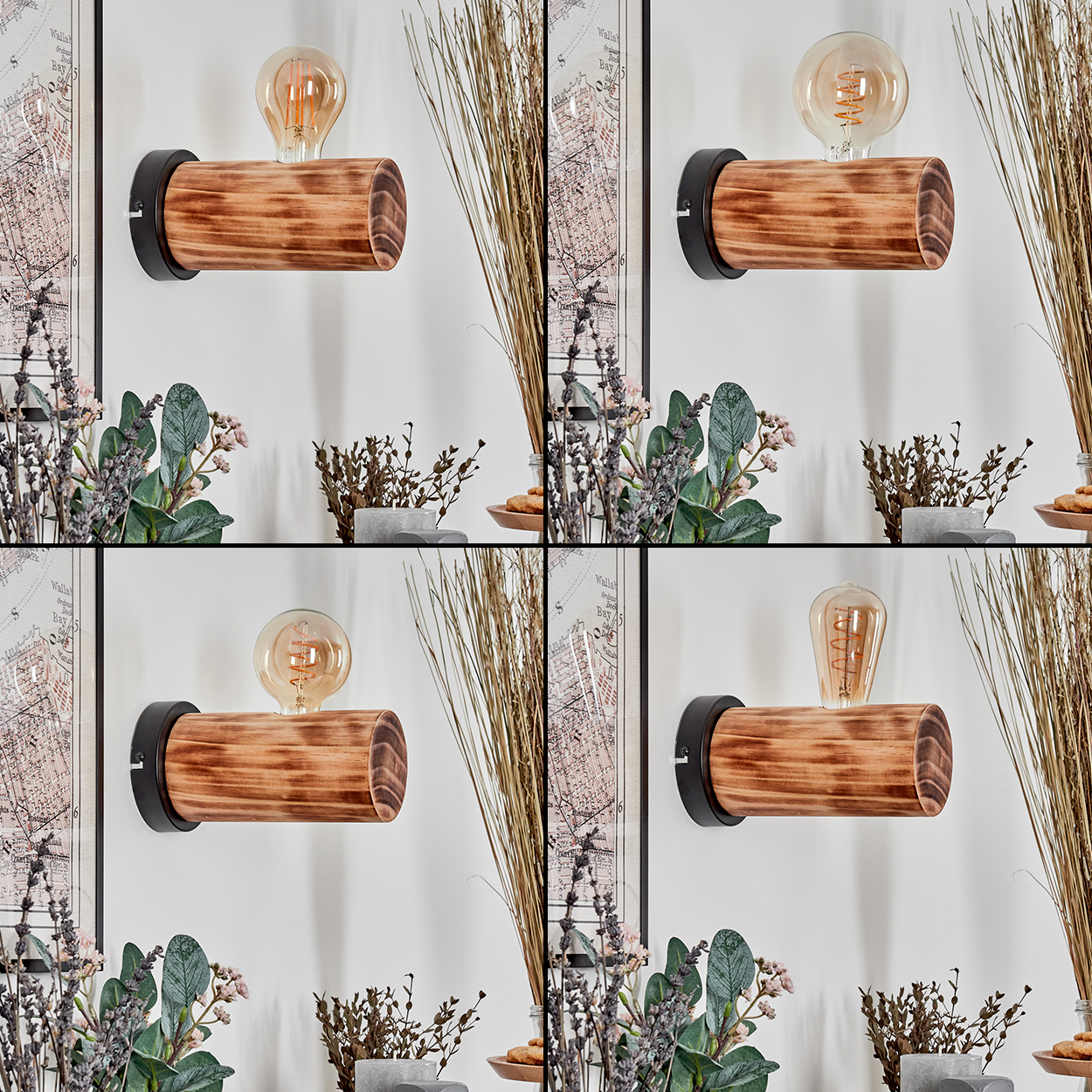 Eine dekorative Wandlampe mit Holzsockel und Glühbirne. Pflanzen und Karte im Hintergrund. Die Szene ist gut beleuchtet.