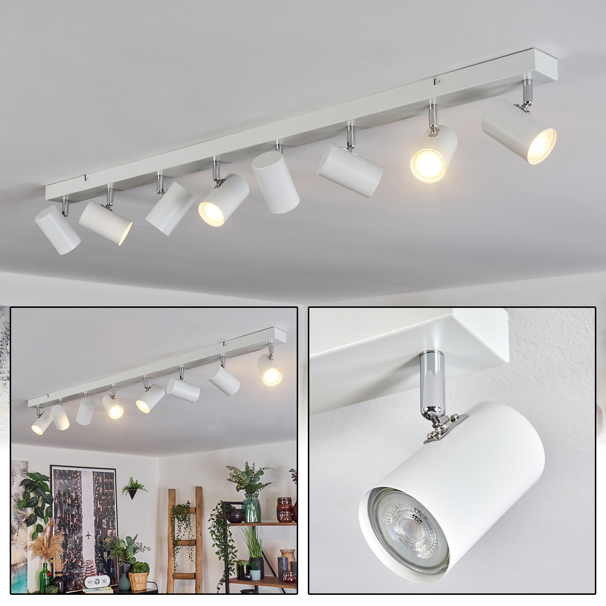 Ein weißer Deckenstrahler mit mehreren verstellbaren Lichtern. Die Lichter sind eingeschaltet. Hintergrund: eine weiße Decke.