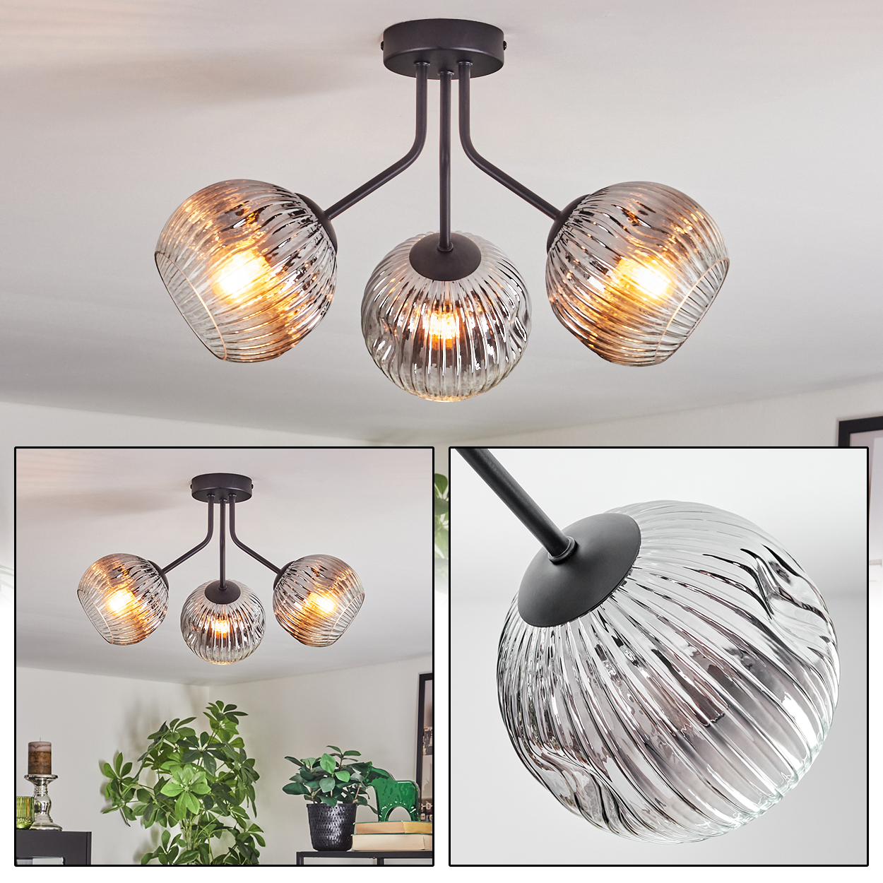 Eine moderne Deckenleuchte mit drei Glasschirmen. Die Leuchte ist schwarz und die Schirme sind klar mit geripptem Design.