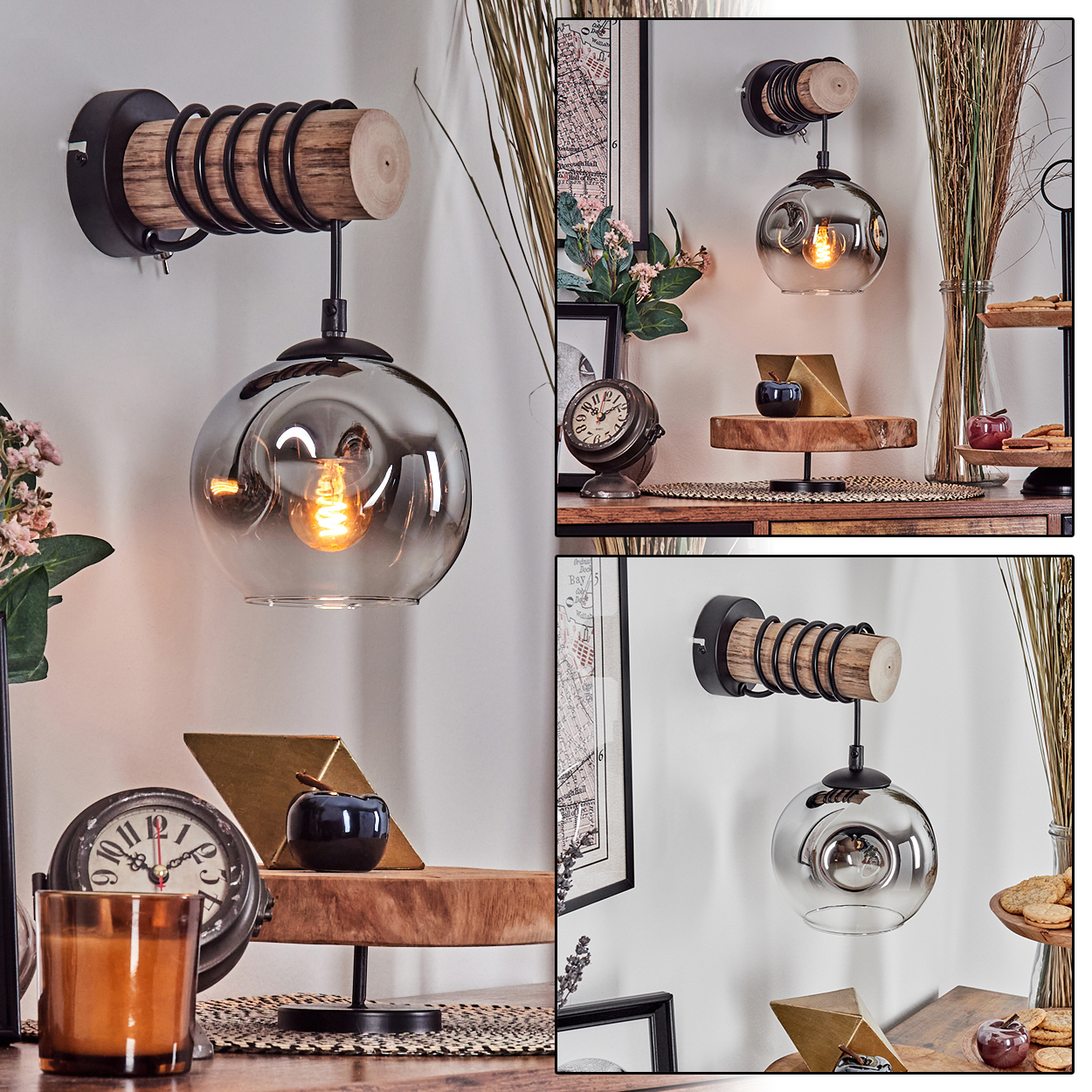 Eine dekorative Wandlampe mit Holzsockel, Spiralförmigem Metall und einem kugelförmigen Glasschirm. Zusätzliche Dekorationen sind eine Uhr, Kerze und andere Gegenstände.