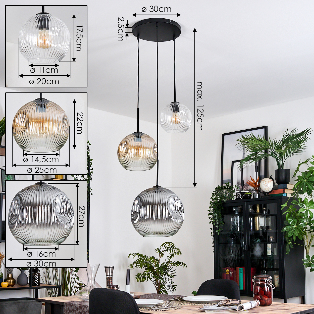 Drei Glas-Pendelleuchten mit schwarzen Kabeln hängen über einem Tisch. Abmessungen und Maße sind abgebildet, zusammen mit einem Rauminnenraum.