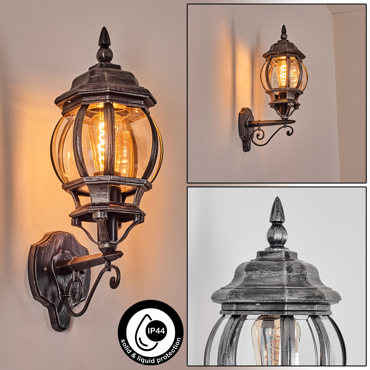 Eine Außenwandleuchte mit silbernem und schwarzem Finish, mit Glaskugel und einer warm leuchtenden Glühbirne.