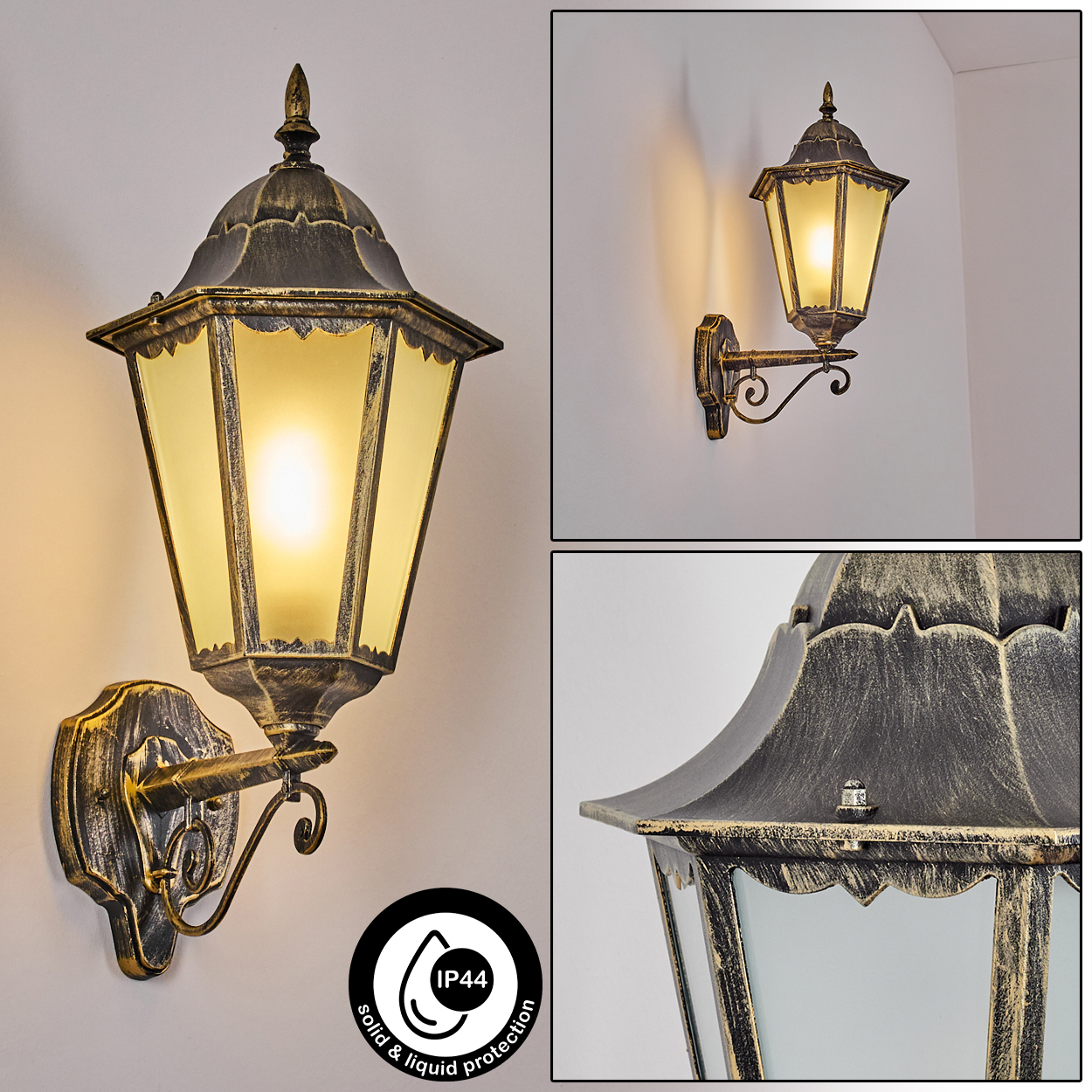 Eine goldene Wandlampe mit leuchtender Glühbirne, an einer weißen Wand befestigt. Die Lampe hat ein dekoratives Design und ist IP44-zertifiziert.