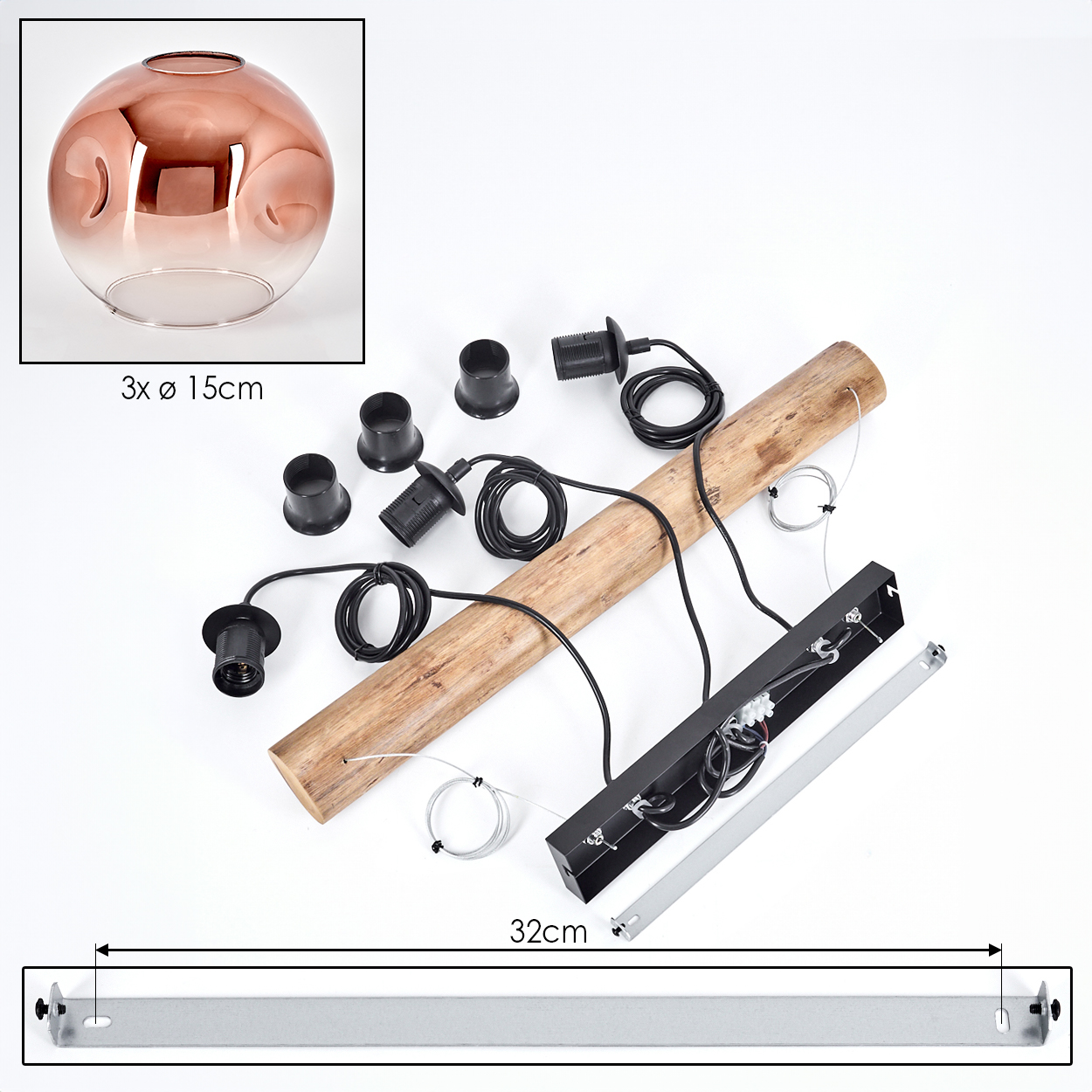 Ein zerlegter Pendelleuchten-Bausatz mit Glasschirm, Holzbalken, schwarzen elektrischen Komponenten und einer Metallhalterung auf Weiß.