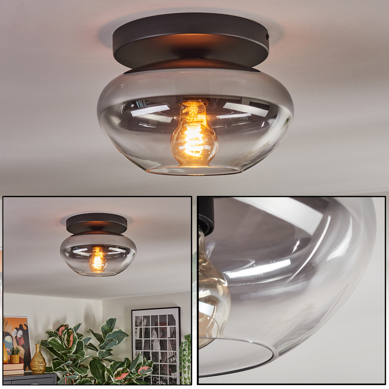 Eine moderne Deckenlampe mit rauchfarbenem Glasschirm und einer warm glühenden Glühbirne. Die Leuchte hat einen dunklen Metallsockel.