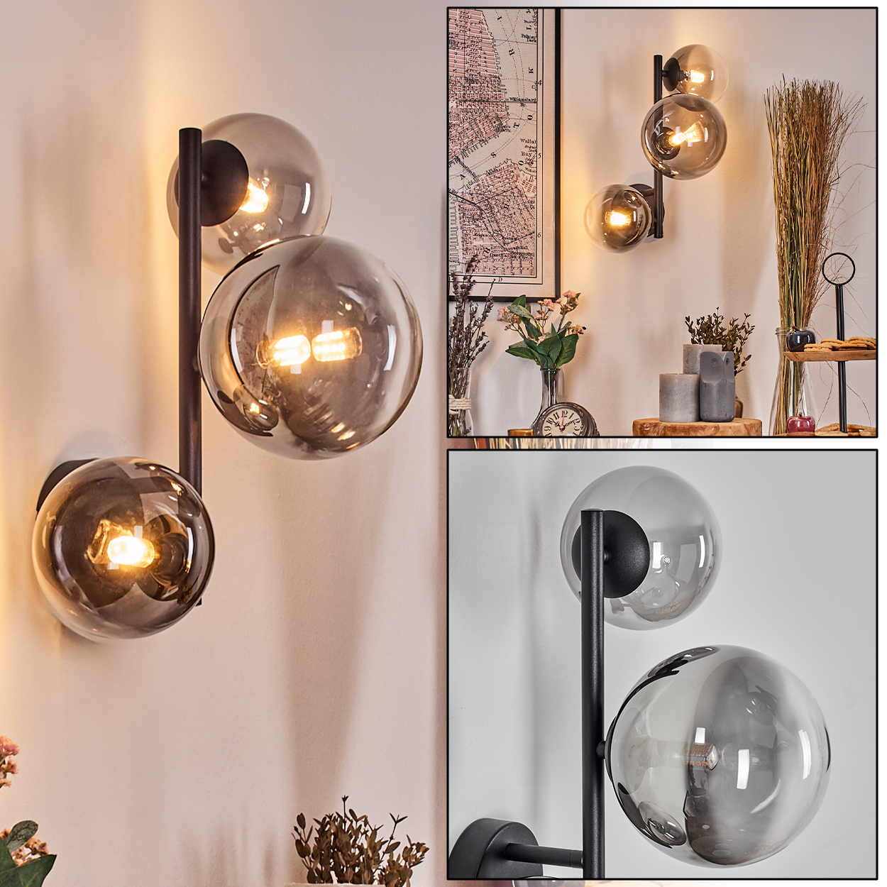 Eine Wandlampe mit drei Glaskugel-Schirmen. Die Lampe ist an einer weißen Wand montiert. Der Hintergrund umfasst eine Karte und dekorative Gegenstände.