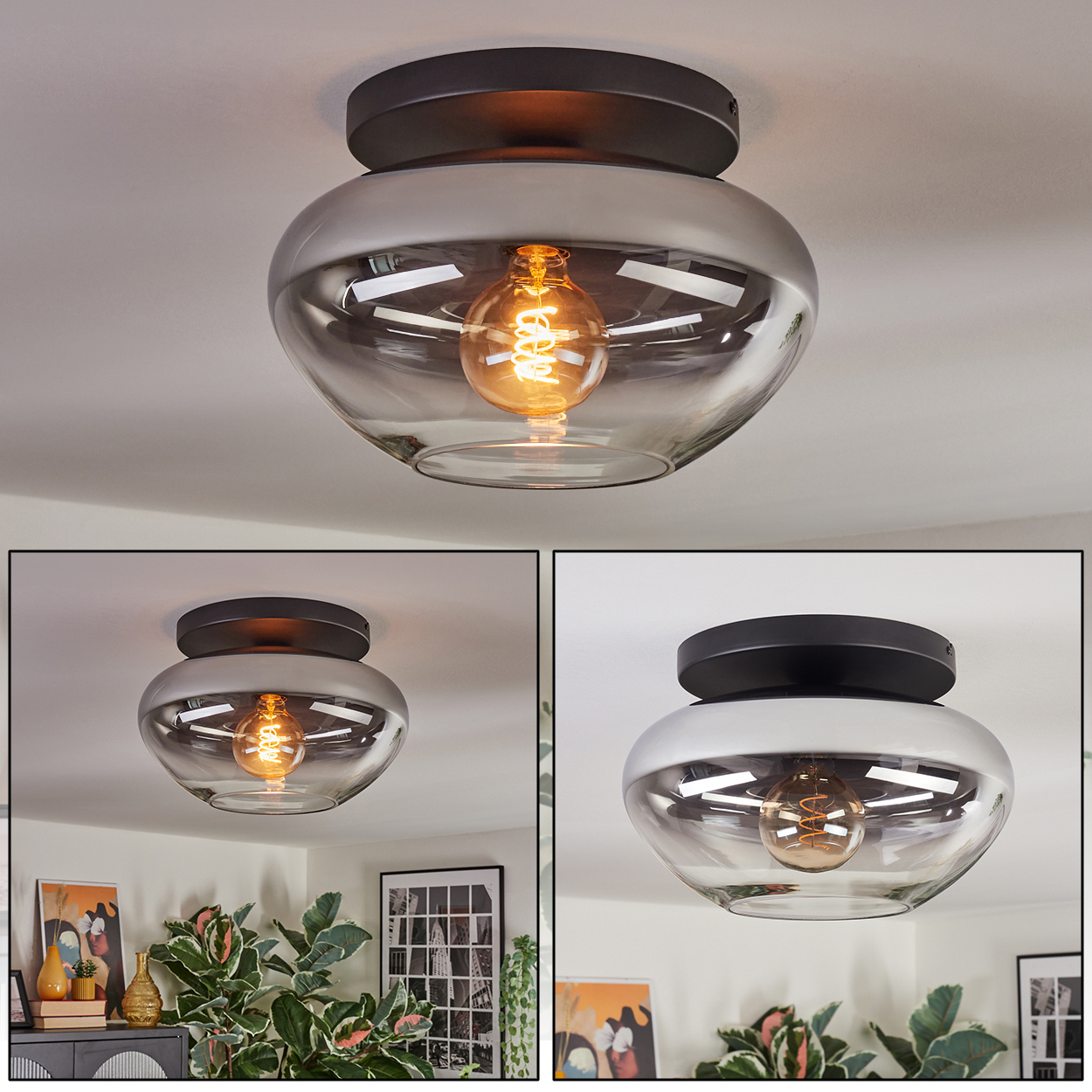Eine moderne Deckenleuchte mit dunklem Sockel und klarem Glasschirm mit warmer Glühbirne. Das Licht befindet sich an einer weißen Decke.
