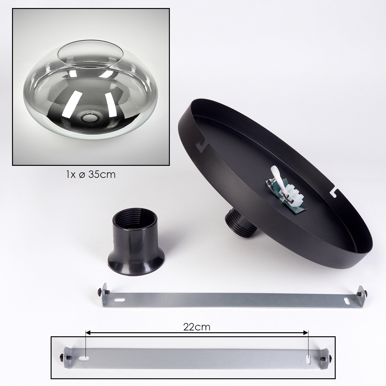 Lampenkomponenten. Glasschirm, schwarzer Sockel, Metallhalterung und Lampenfassung. Die Halterung ist 22 cm lang.