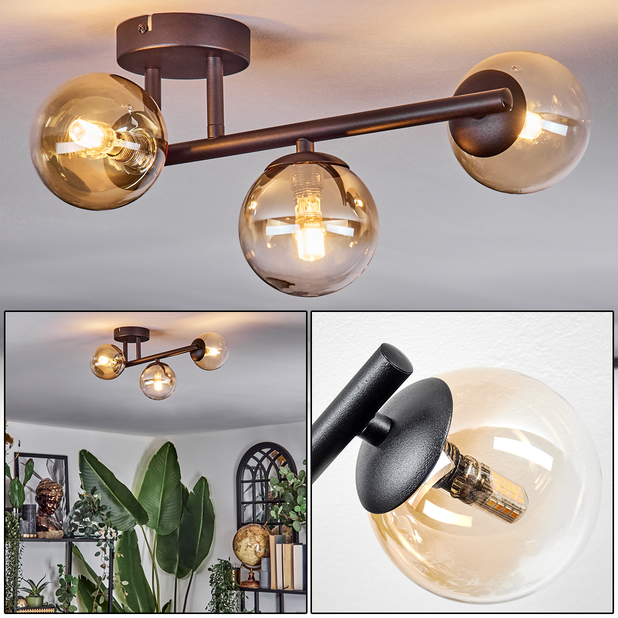 Eine moderne Deckenleuchte mit drei bernsteinfarbenen Glaskugeln. Das Licht ist braun und an einer weißen Decke montiert. Der Hintergrund zeigt Dekoration.