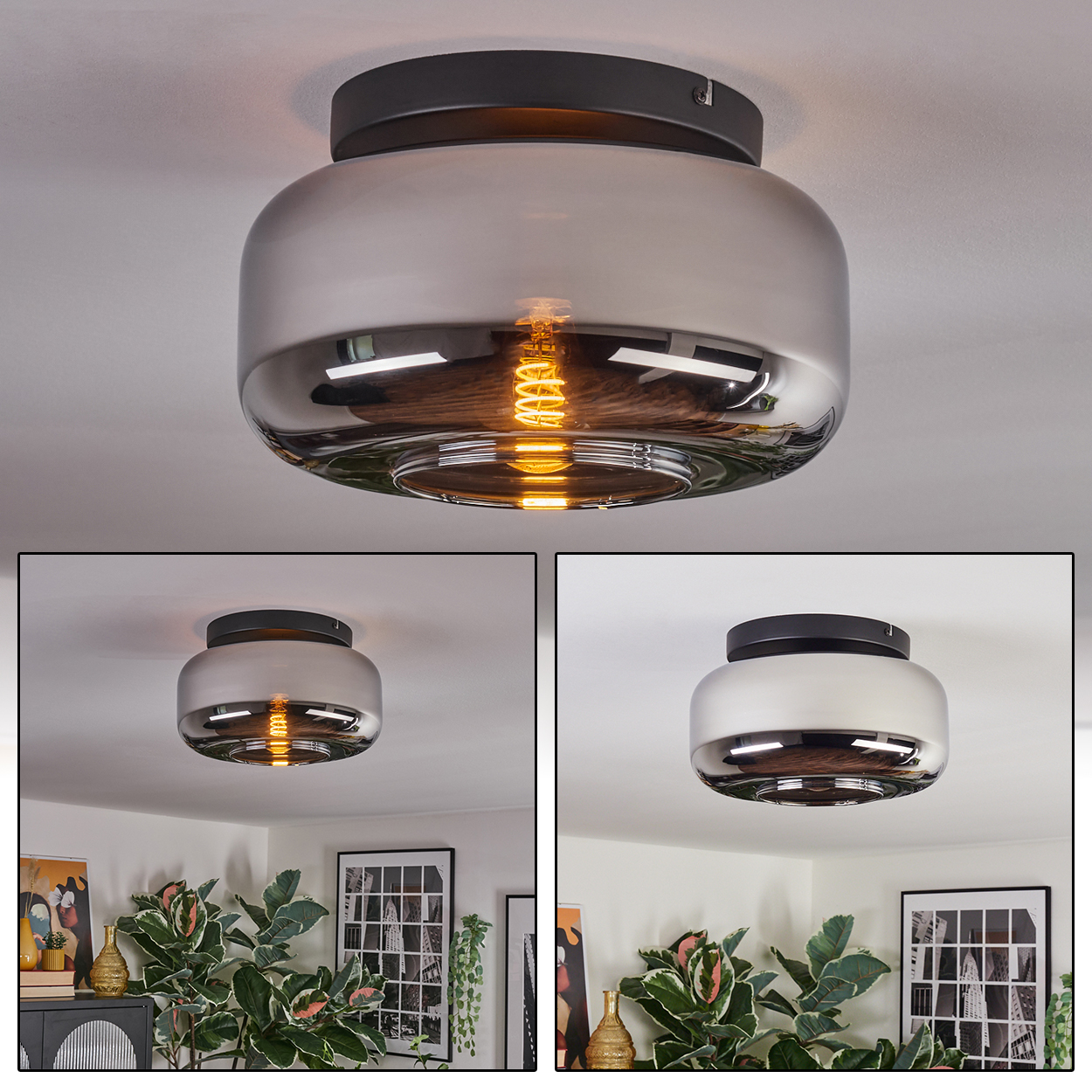 Eine moderne Deckenleuchte mit Rauchglasschirm und sichtbarer Edison-Glühbirne. Im Hintergrund ein Raum mit Pflanzen und gerahmter Kunst.