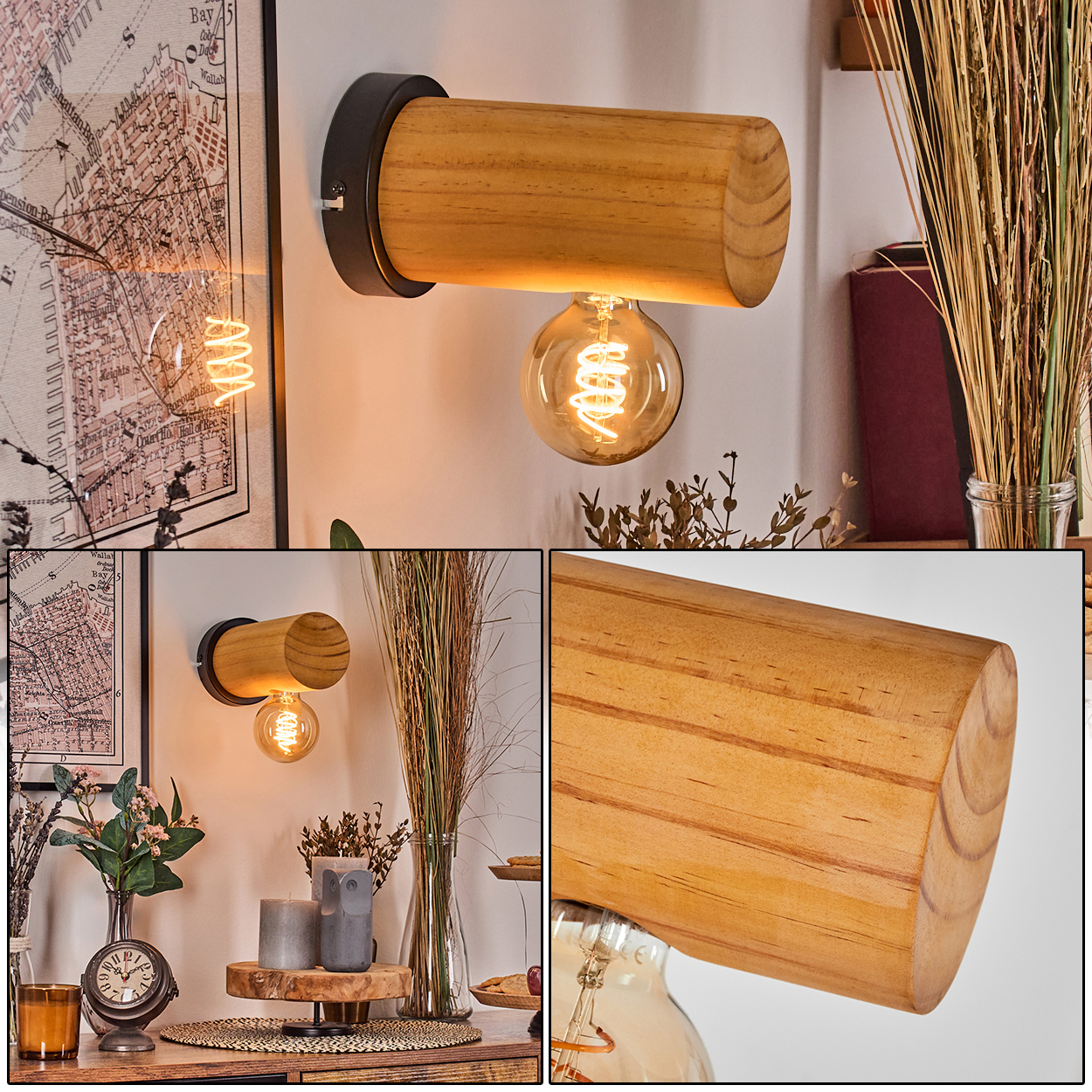 Eine hölzerne Wandlampe mit Glühbirne. Im Hintergrund sind eine Karte, Bücher und Dekorationsartikel. Die Lampe ist das Hauptelement.