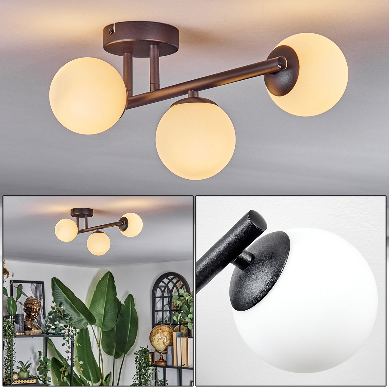 Eine moderne Deckenlampe mit drei kugelförmigen, weißen Glasschirmen, montiert auf einem dunkelbraunen Metallrahmen. Der Hintergrund ist eine weiße Decke.