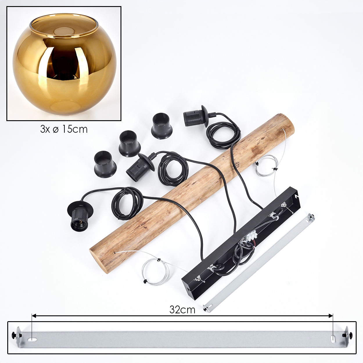 Ein zerlegter Lampenbausatz: eine goldene Glaskugel, schwarze Lampenfassungen, Holzbalken, Metallstange, Drähte und Maße.