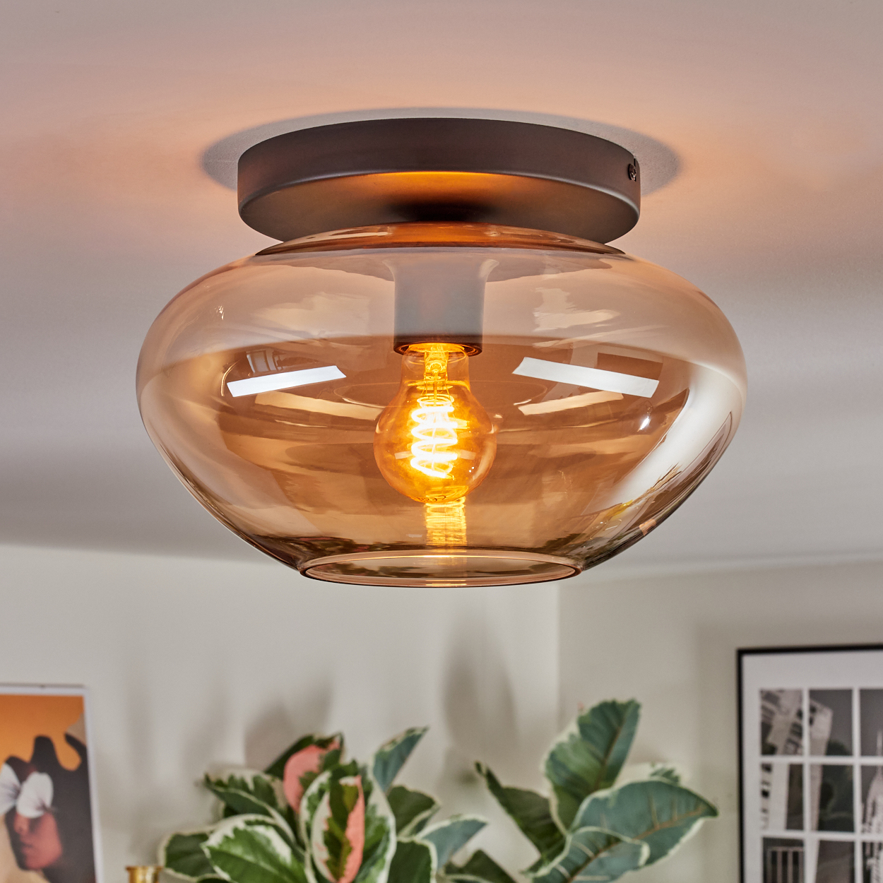 Eine Deckenlampe mit braunem Sockel und Glasschirm. Im Inneren befindet sich eine leuchtende Glühbirne, im Hintergrund sind Pflanzen zu sehen.