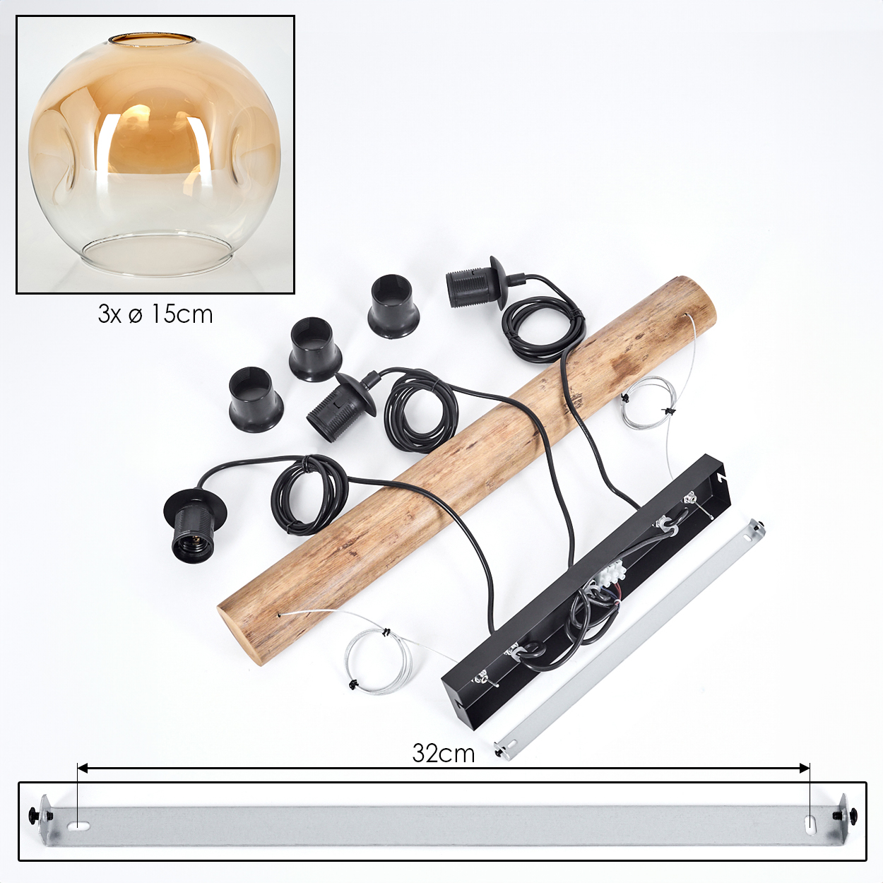 Zerlegtes Lampen-Set: Glaskugel, Holzbalken, schwarze Fassungen, Drähte, Metallhalterung und beschriftete Maße.