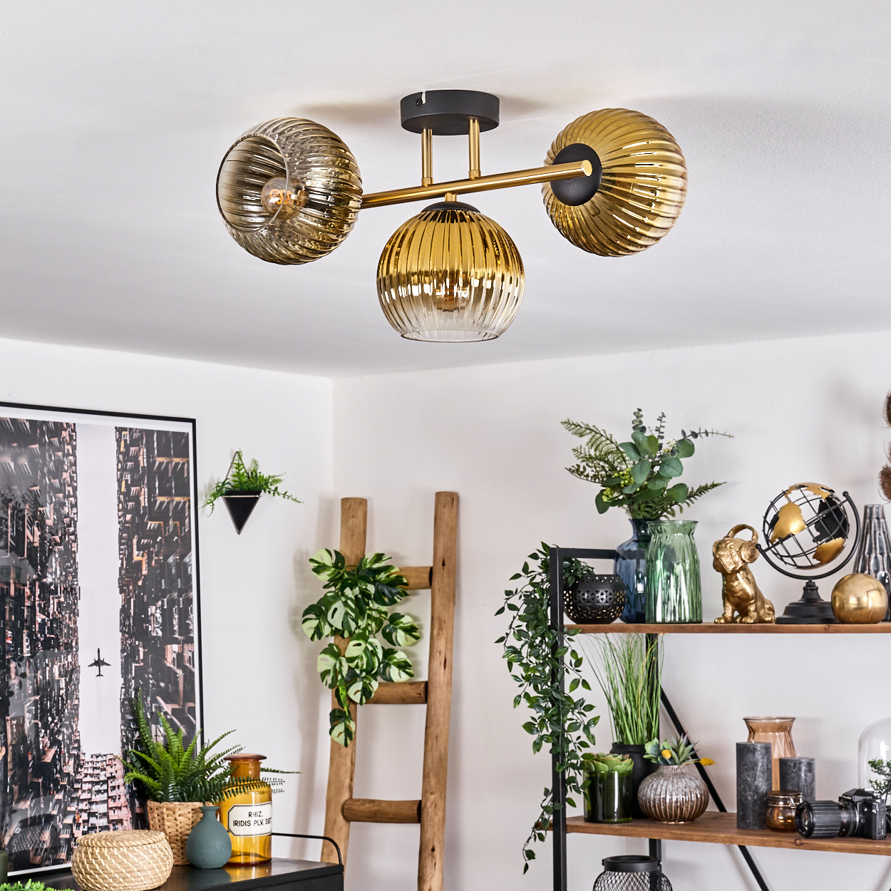 Eine moderne Deckenlampe mit drei goldfarbenen Glasschirmen befindet sich in einem gut eingerichteten Raum mit Regalen, Pflanzen und einer Leiter.
