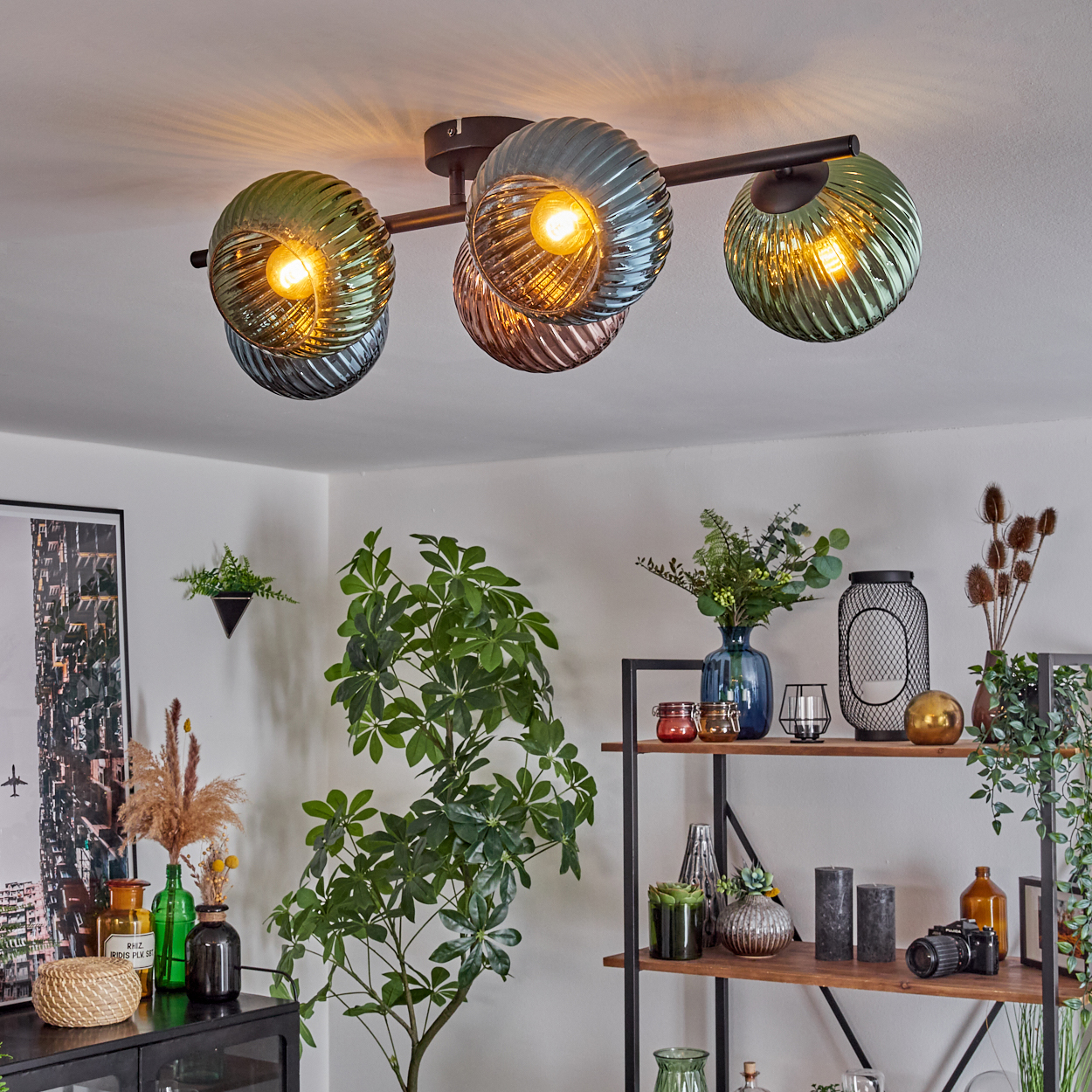 Deckenlampe mit Kugelschirmen. Pflanzen und Dekoration unten. Grüne Blätter und ein schwarzes Regal mit Dekoration. Weiße Wand.