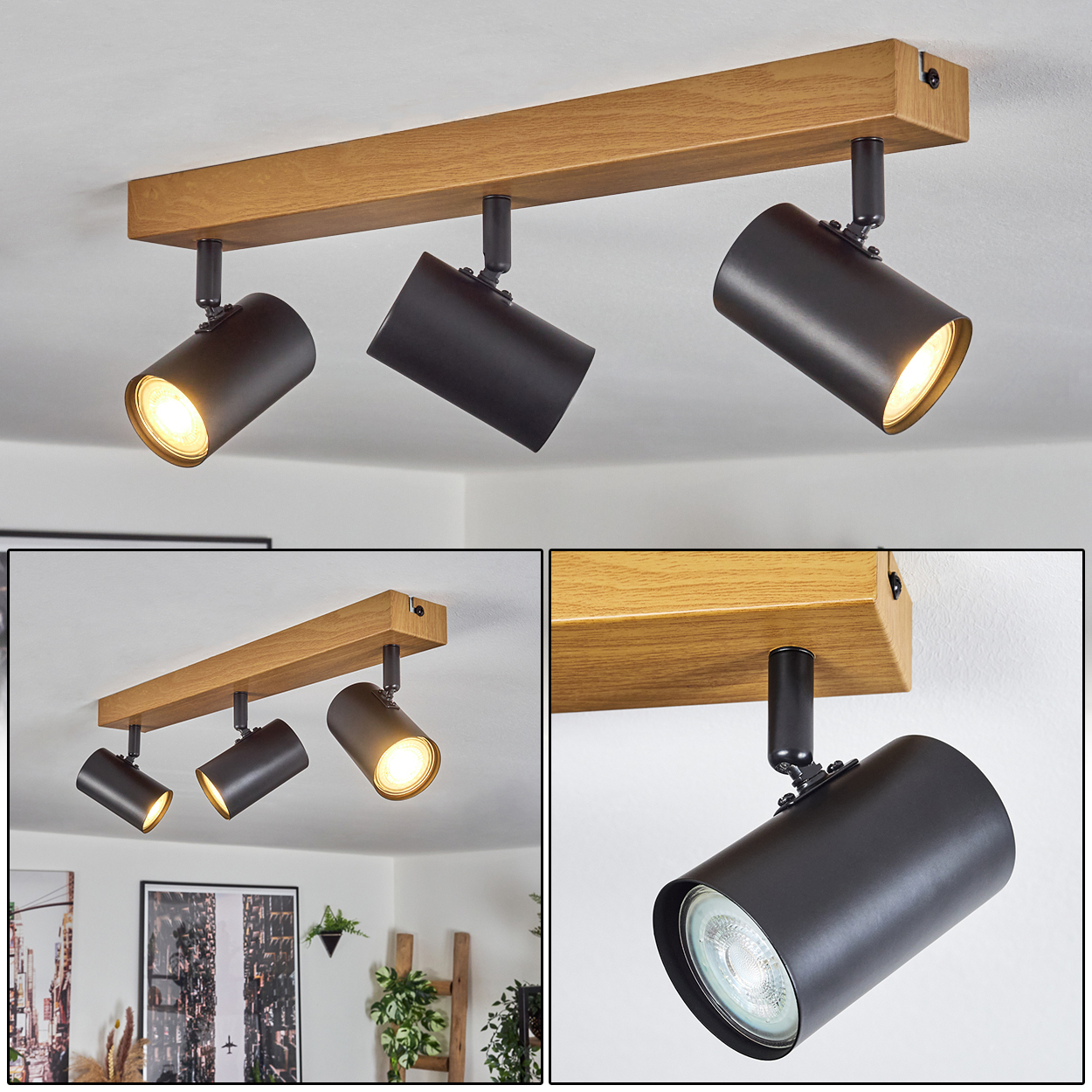 Deckenleuchte mit drei schwarzen Strahlern an einem Holzbalken. Zwei Lichter sind an, leuchten nach unten.
