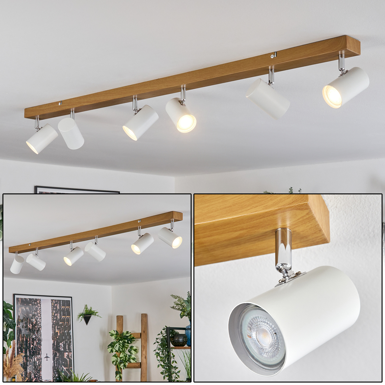 Ein Holzbalken mit sechs weißen Strahlern. Die Lichter sind nach unten gerichtet. Der Hintergrund zeigt einen Raum mit Pflanzen.