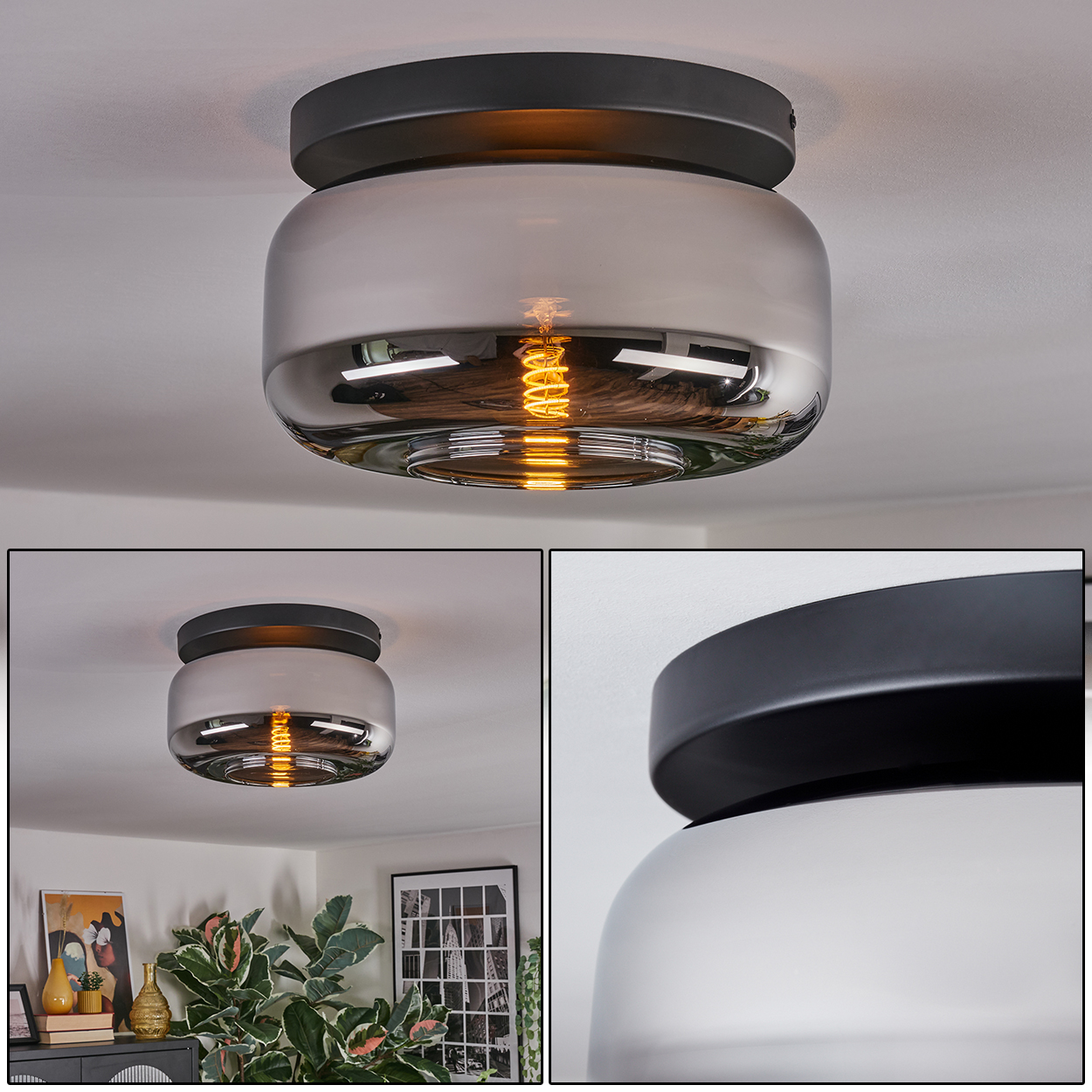 Eine moderne Deckenlampe mit schwarzem Oberteil und Glasschirm. Im Inneren ist eine leuchtende Glühbirne zu sehen. Die Lampe befindet sich an einer weißen Decke.