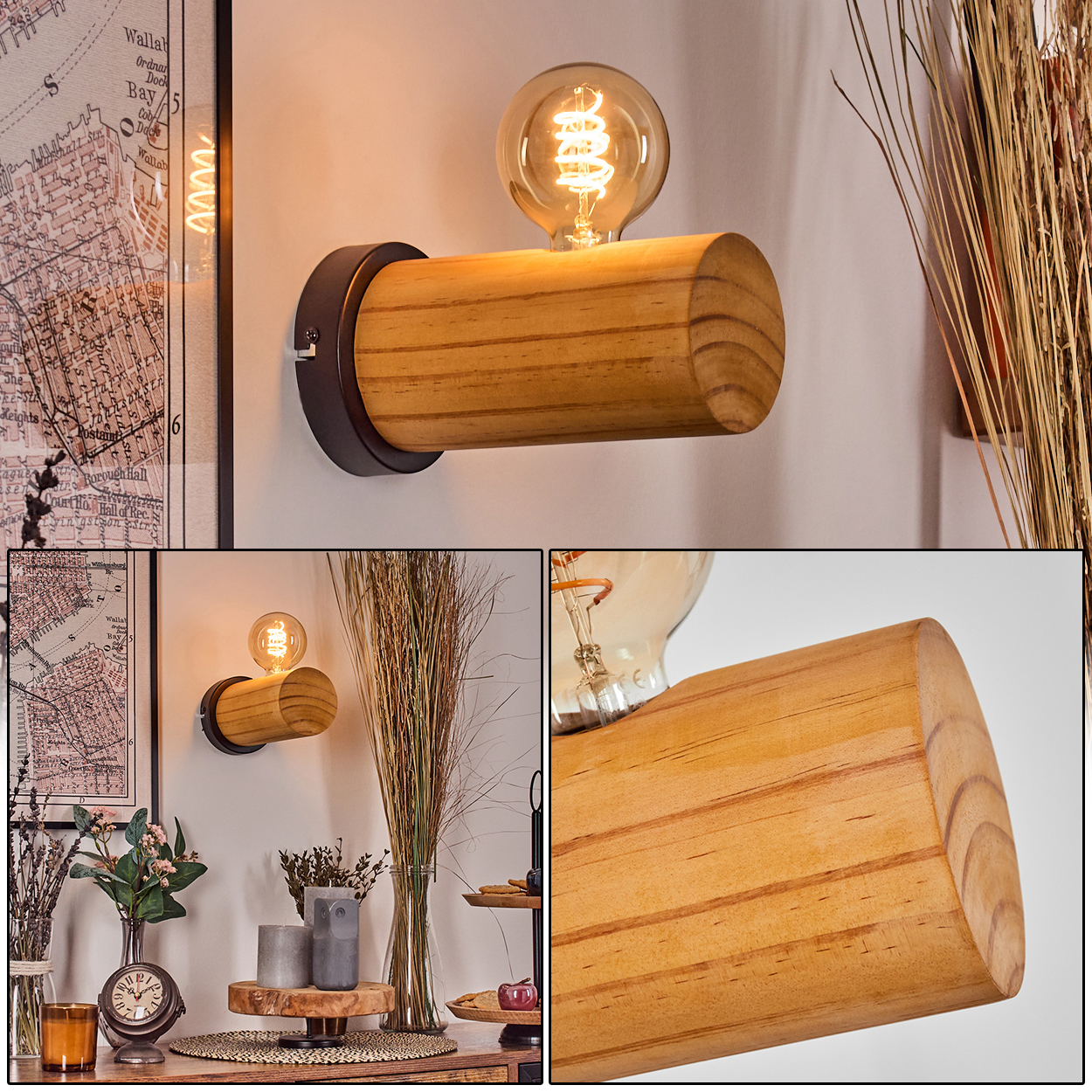 Eine hölzerne Wandlampe mit einer Glühbirne. Daneben befinden sich dekorative Elemente wie eine Karte, Pflanzen und Kerzen.