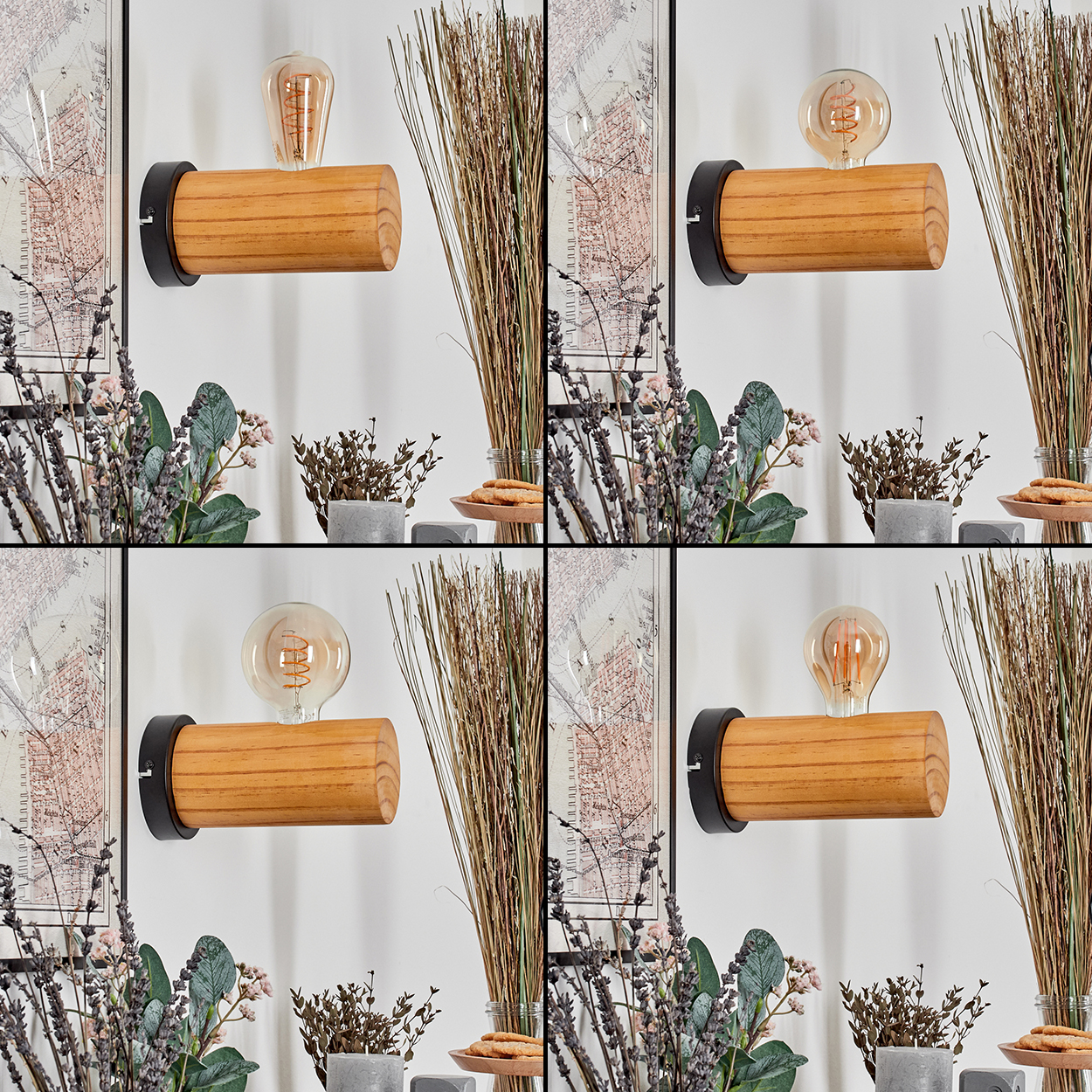 Eine Holzlampe mit einer Glühbirne ist an einer weißen Wand montiert. Trockene Pflanzen, Blumen und Karten sind ebenfalls sichtbar.