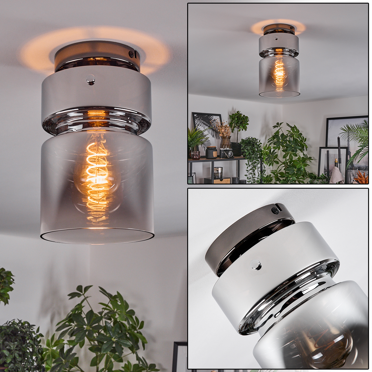Eine moderne Deckenlampe mit zylindrischem, rauchfarbenem Glasschirm. Die Glühbirne ist sichtbar und strahlt warmes Licht aus. Pflanzen und Dekoration im Hintergrund.