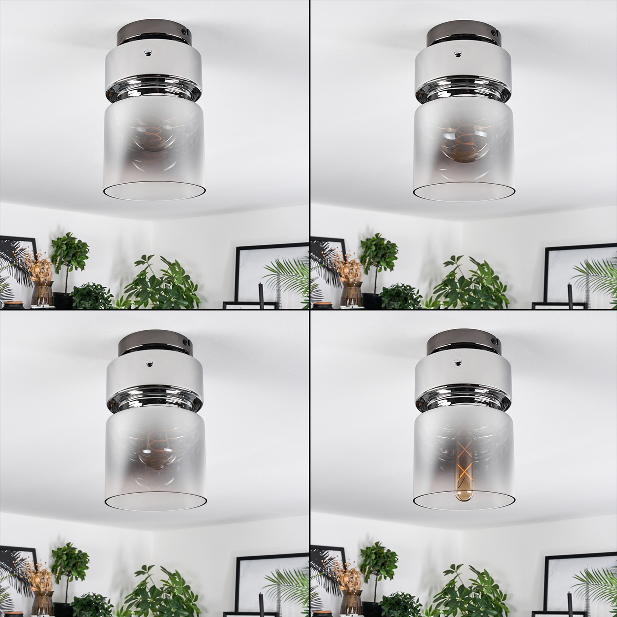 Vier geteiltes Bild einer Deckenlampe mit mattiertem Glasschirm. Pflanzen und gerahmte Bilder sind unten sichtbar.