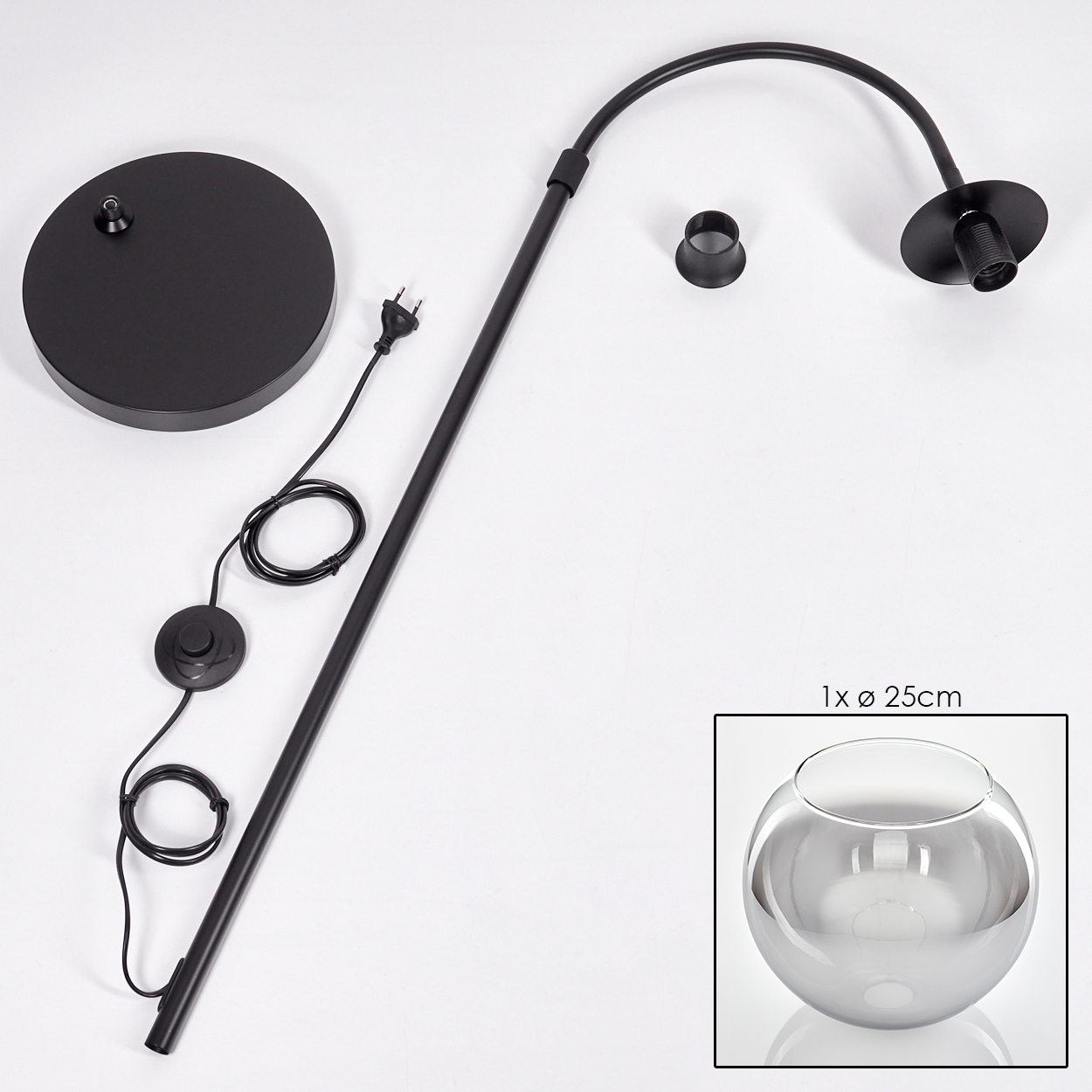 Schwarze Lampenteile: Basis, Stiel, gebogener Arm, Lampenhalter, Ring und ein Fischglas. Alles auf weißem Hintergrund.