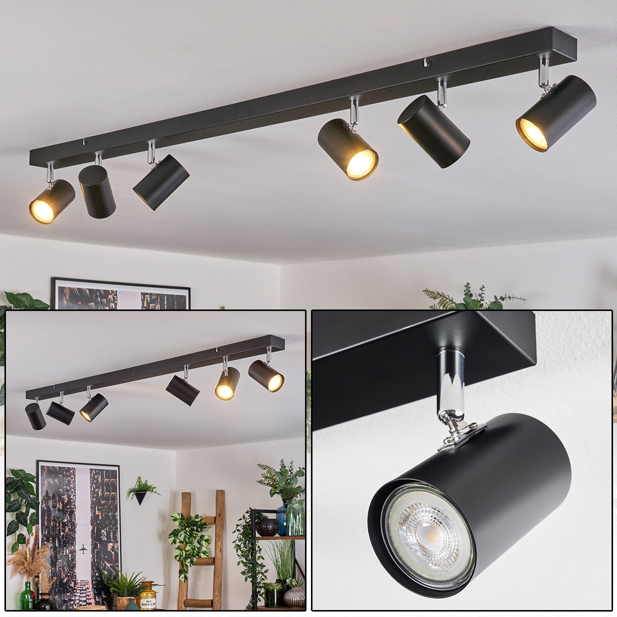 Ein schwarzer Deckenstrahler mit sechs verstellbaren Lichtern. Die Lichter sind an und beleuchten die weiße Decke. Der Hintergrund zeigt einen Raum.