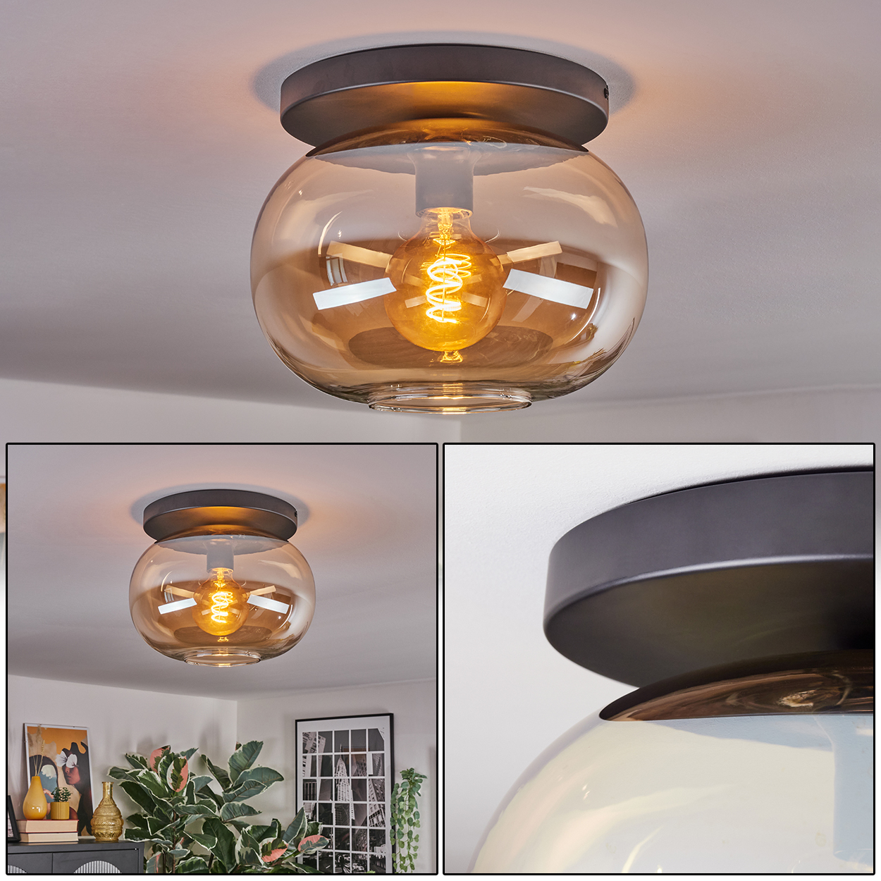 Eine moderne Deckenlampe mit rundem, bernsteinfarbenem Glasschirm und sichtbarer, warmer Glühbirne, montiert auf dunkler Metallbasis.