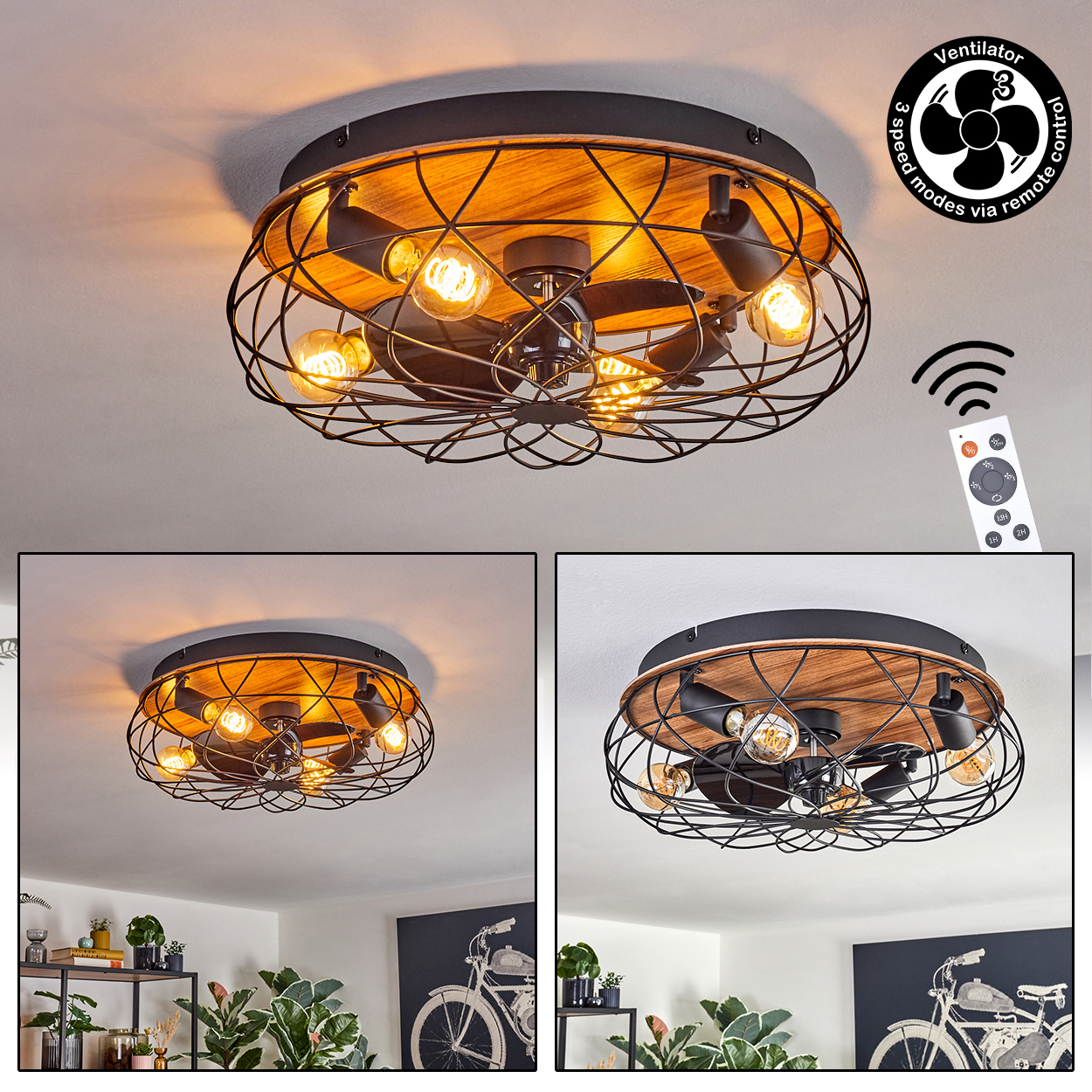 Deckenventilator mit Lichtern. Schwarzes Käfigdesign, Holzsockel und Glühbirnen. Fernbedienung und Lüftersymbol sind abgebildet.