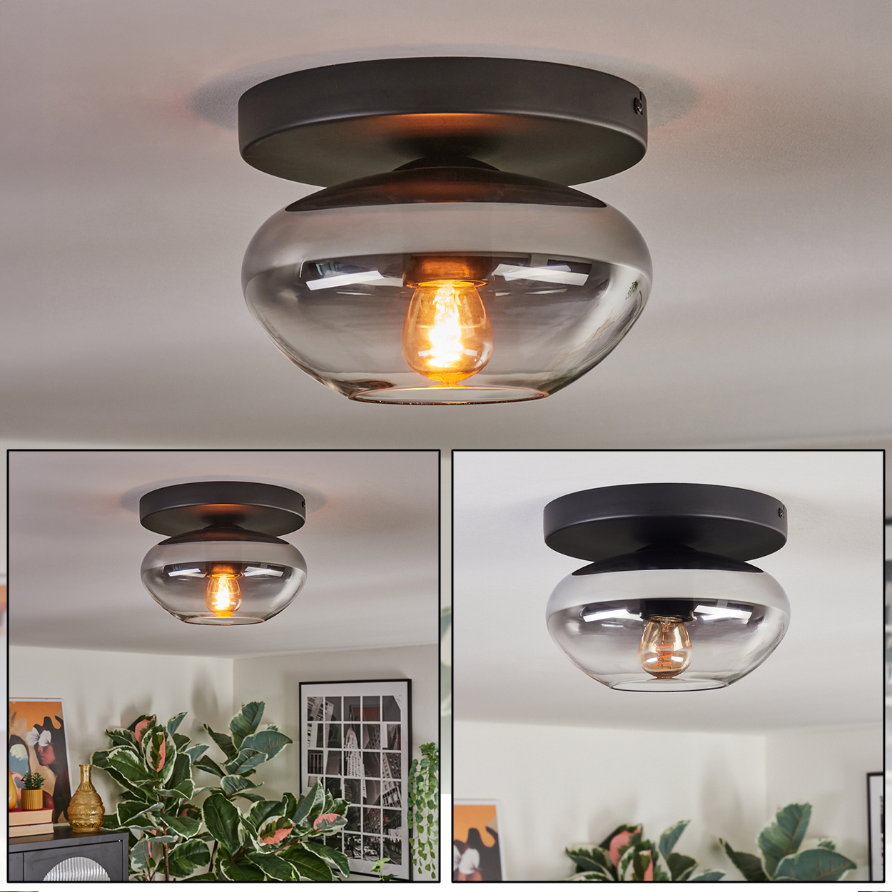 Eine moderne Deckenleuchte mit schwarzem Sockel und rauchfarbenem Glasschirm. Die Glühbirne leuchtet und wirft einen warmen Schein.