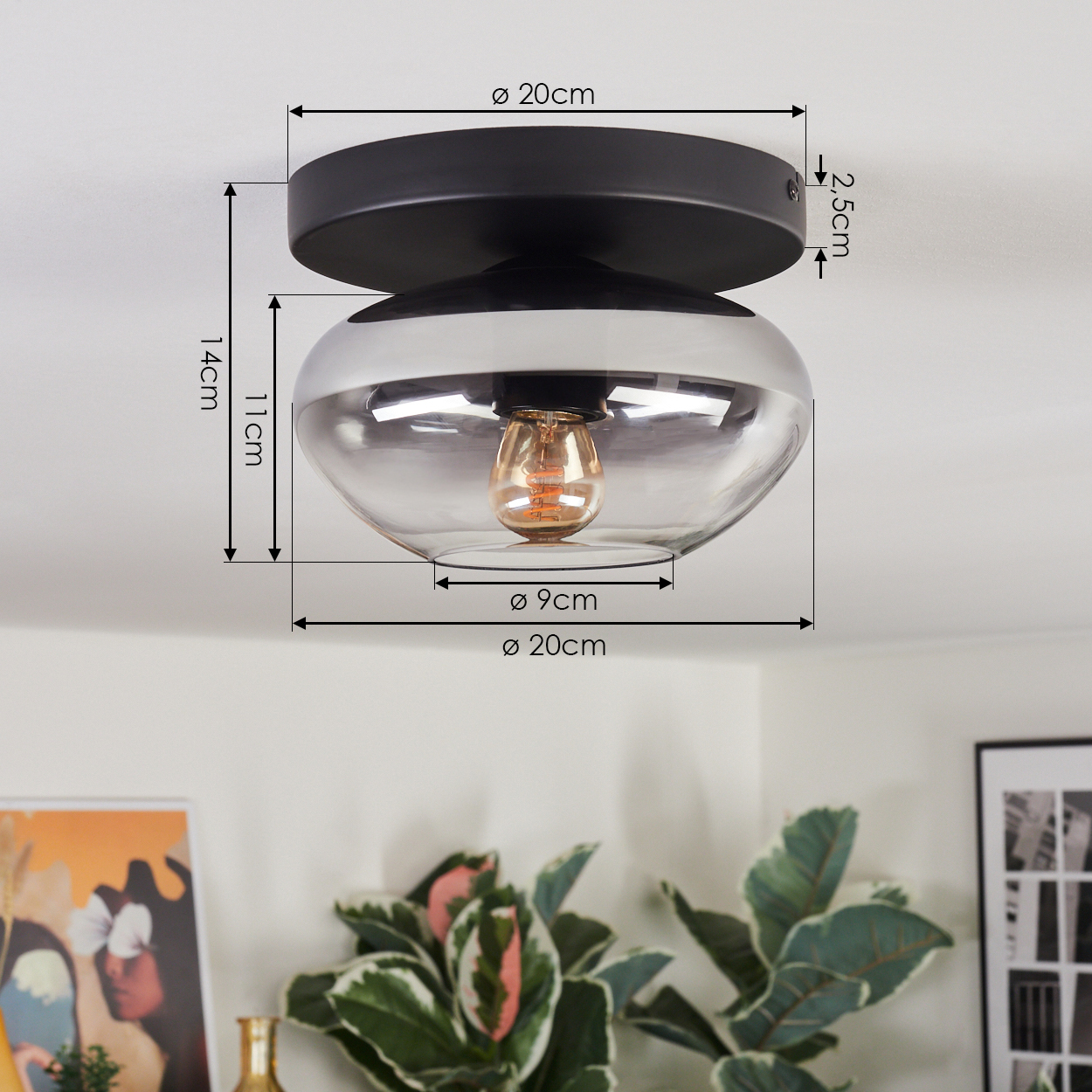 Eine moderne Deckenlampe mit schwarzem Sockel und Glasschirm. Maße sind angegeben. Pflanzen und gerahmte Kunst im Hintergrund.