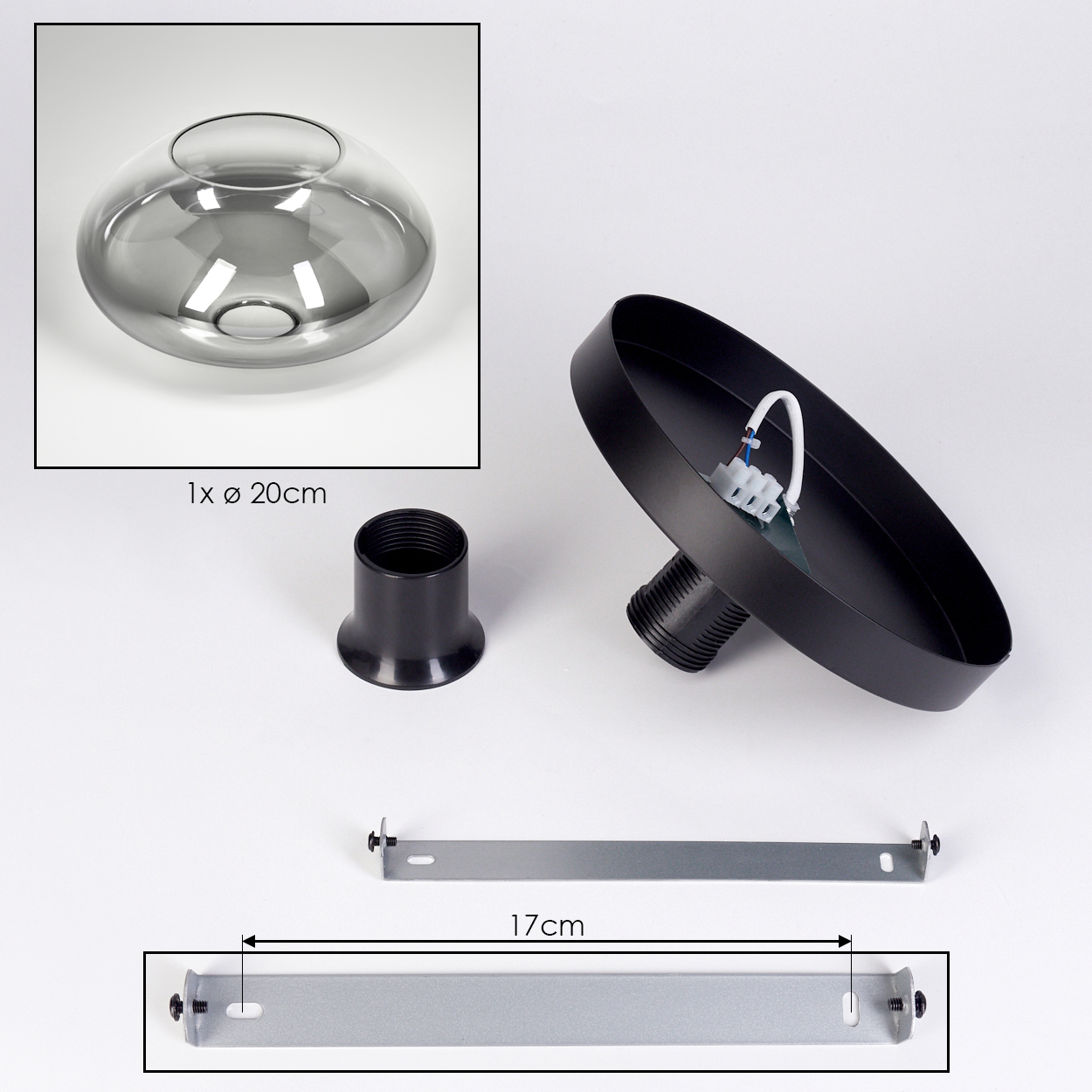 Komponenten einer Leuchte: Glasschirm, schwarzer Metallsockel, Halterung und eine Lampenfassung. Die Halterung ist 17 cm lang.